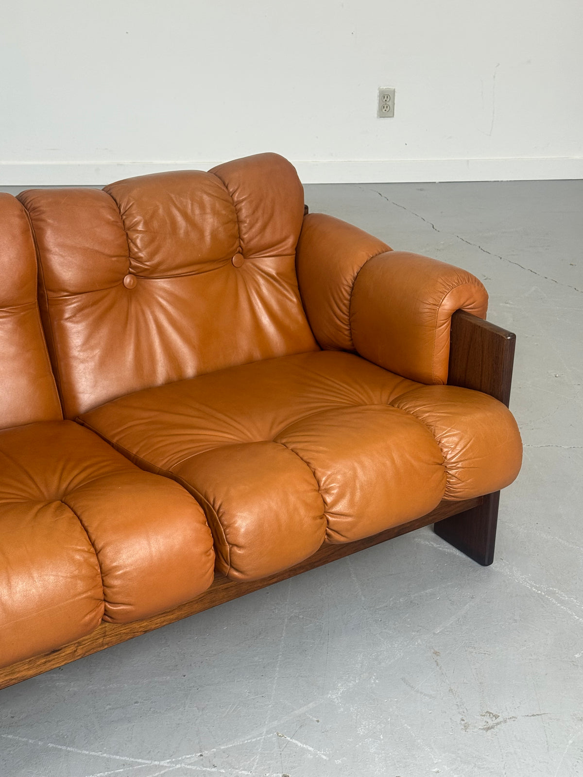 1970s Finnish Cognac Leather and Rosewood Two-Seat Sofa by Kalustekiila