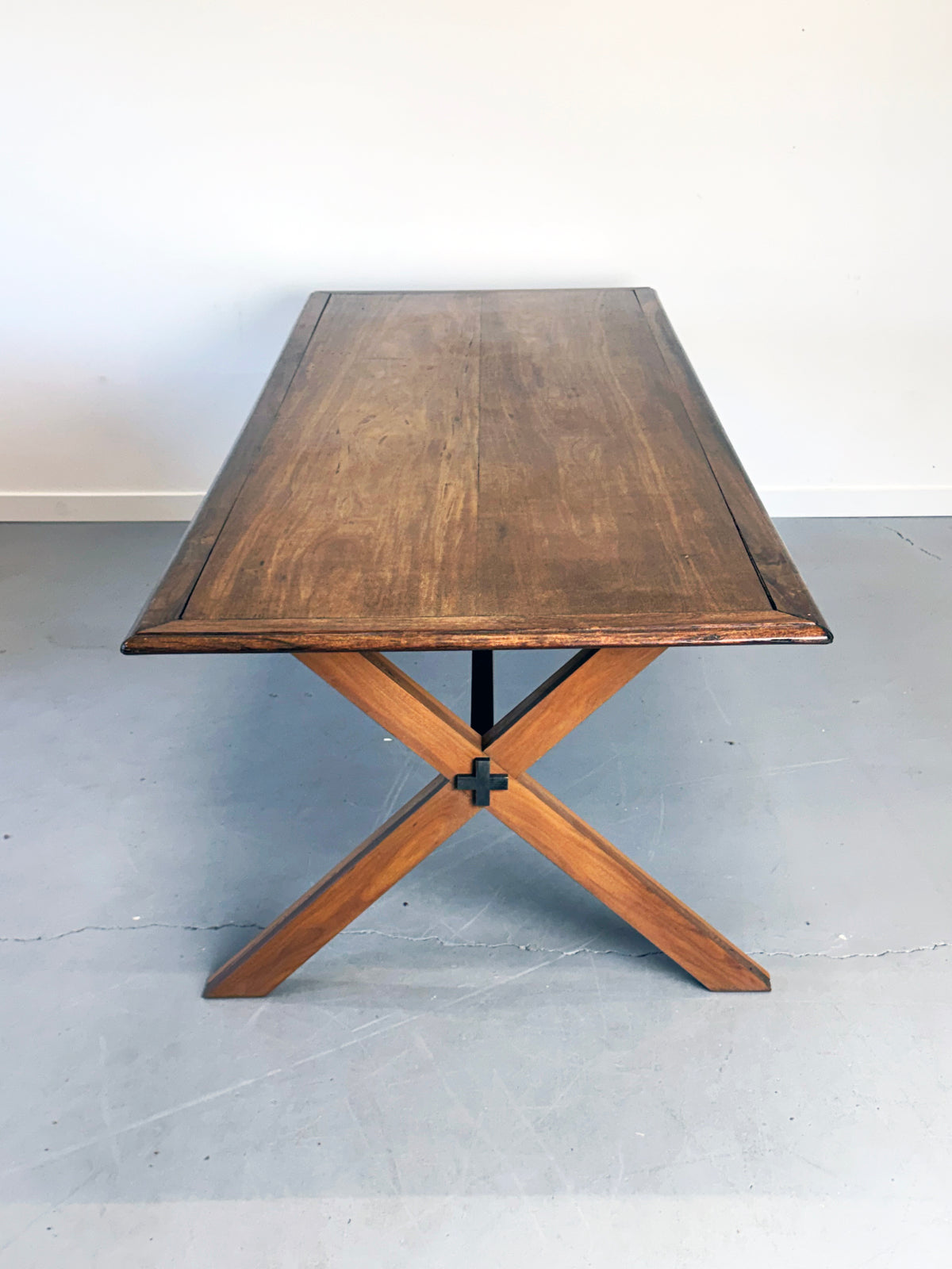 Vintage Monumental Solid Walnut and Rosewood Dining Table with X-Frame Base.