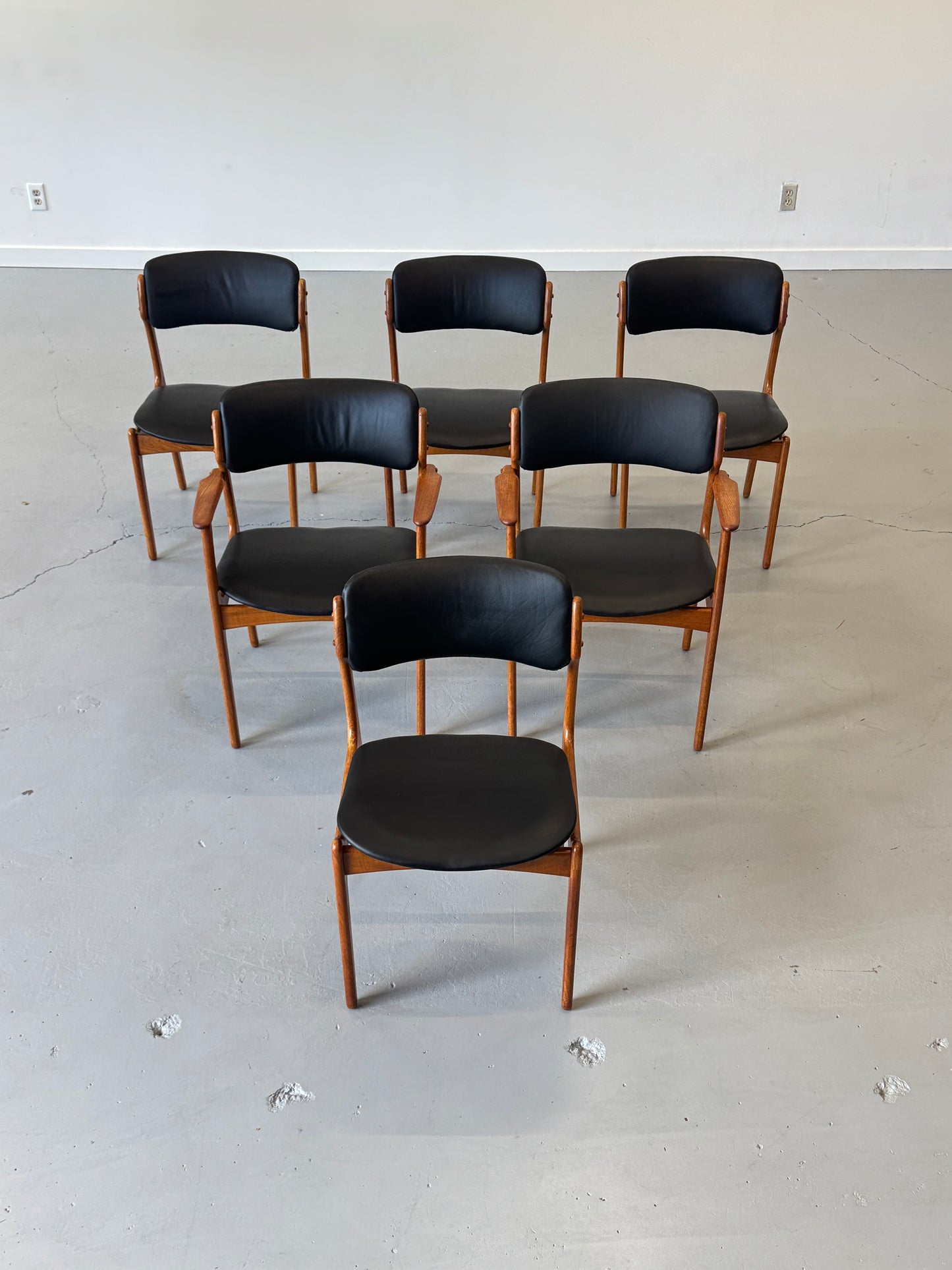 1960s Erik Buch Model 50 Dining Chairs in Teak and Black Elmosoft Leather for O.D. Møbler