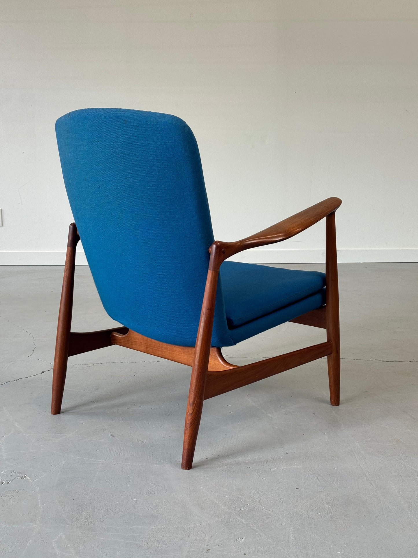 1950s BO95 Chair by Finn Juhl for Bovirke in teak and original blue wool.