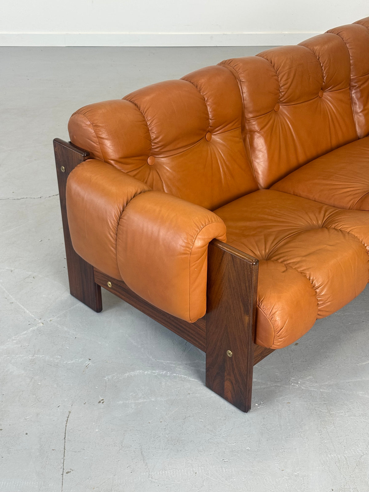 1970s Finnish Cognac Leather and Rosewood Three-Seat Sofa by Kalustekiila