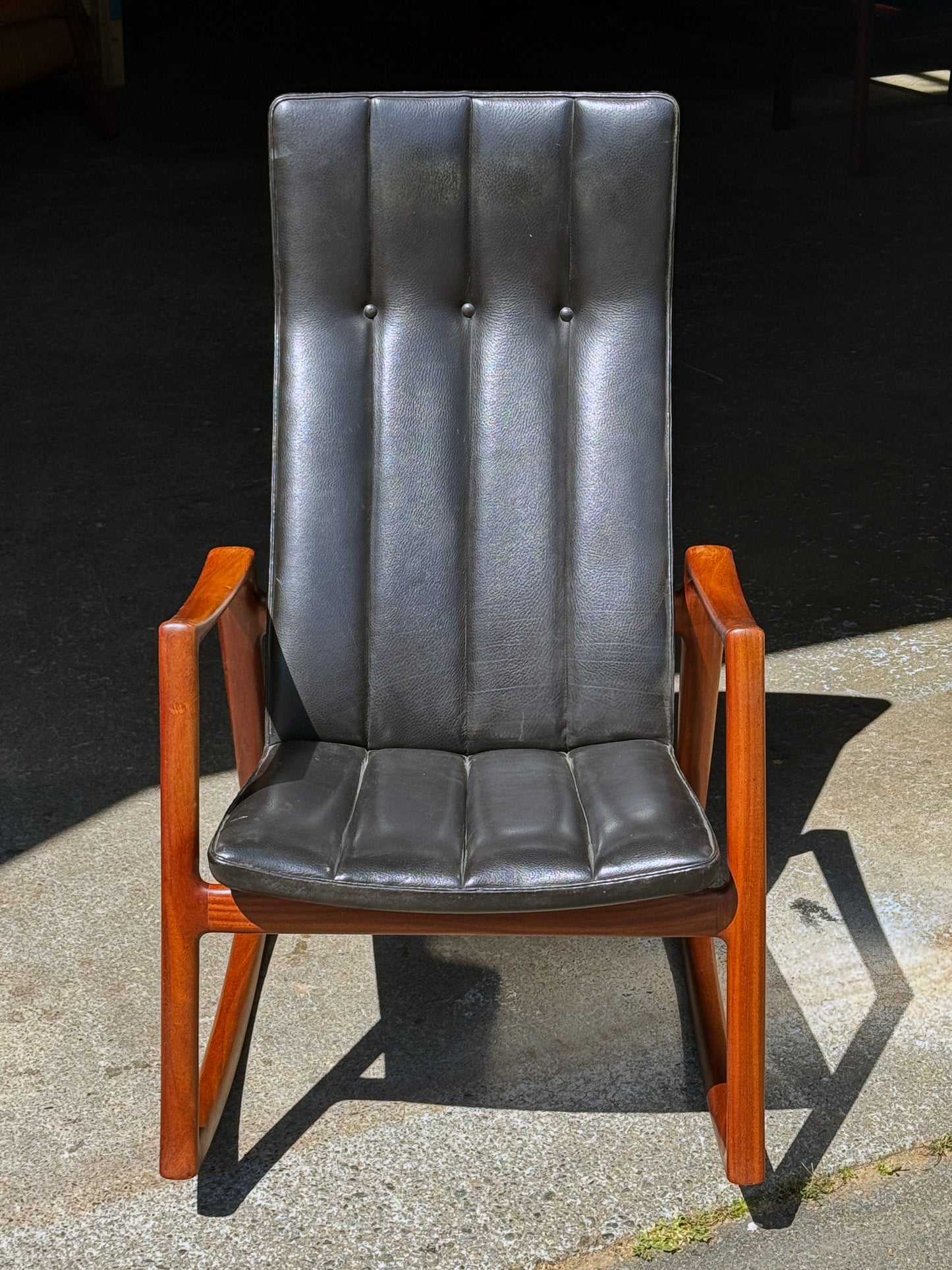 1950s Rocking Chair by Helge Vestergaard-Jensen for Soren Horn in Cuban mahogany and black leather