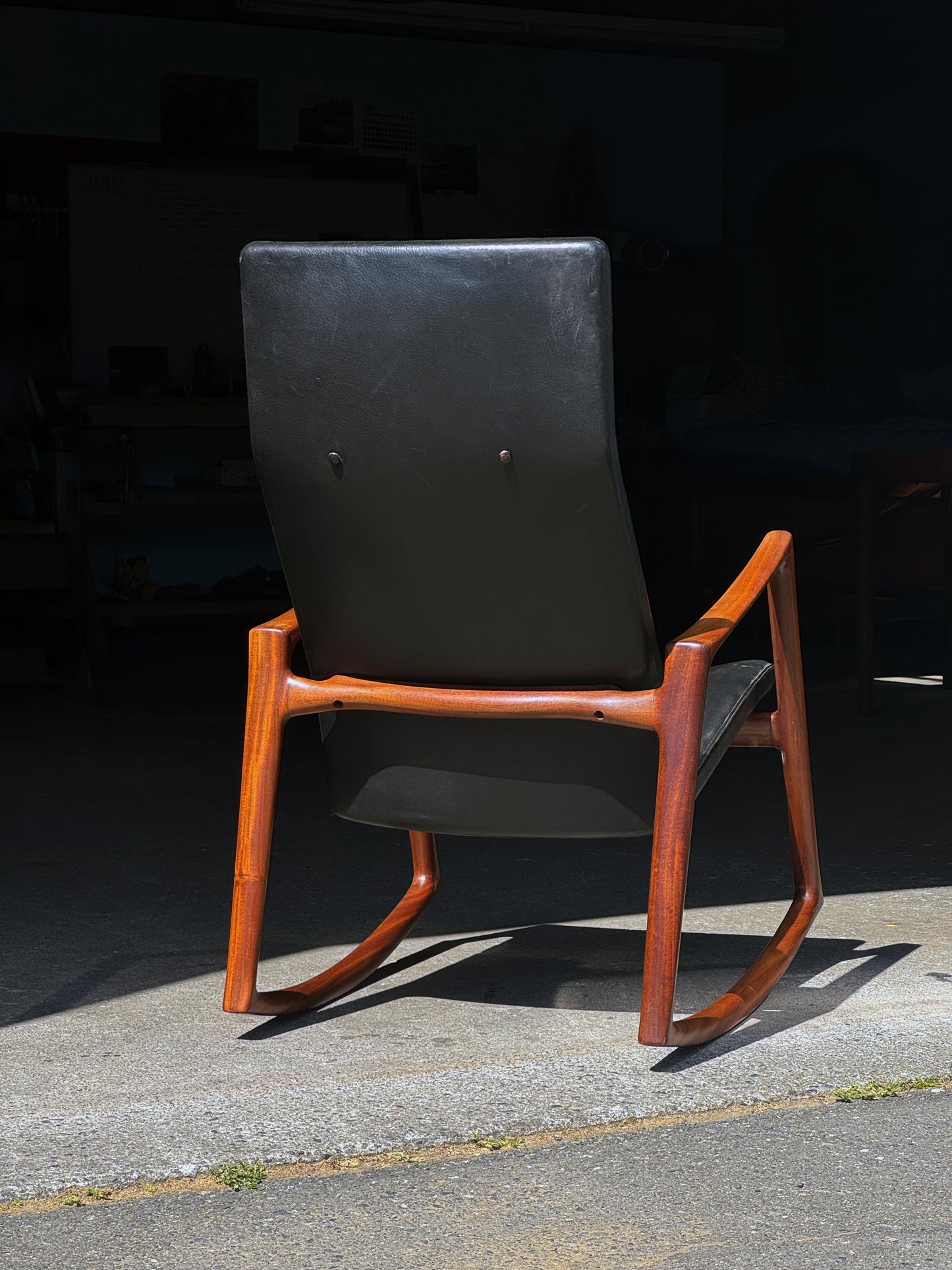 1950s Rocking Chair by Helge Vestergaard-Jensen for Soren Horn in Cuban mahogany and black leather