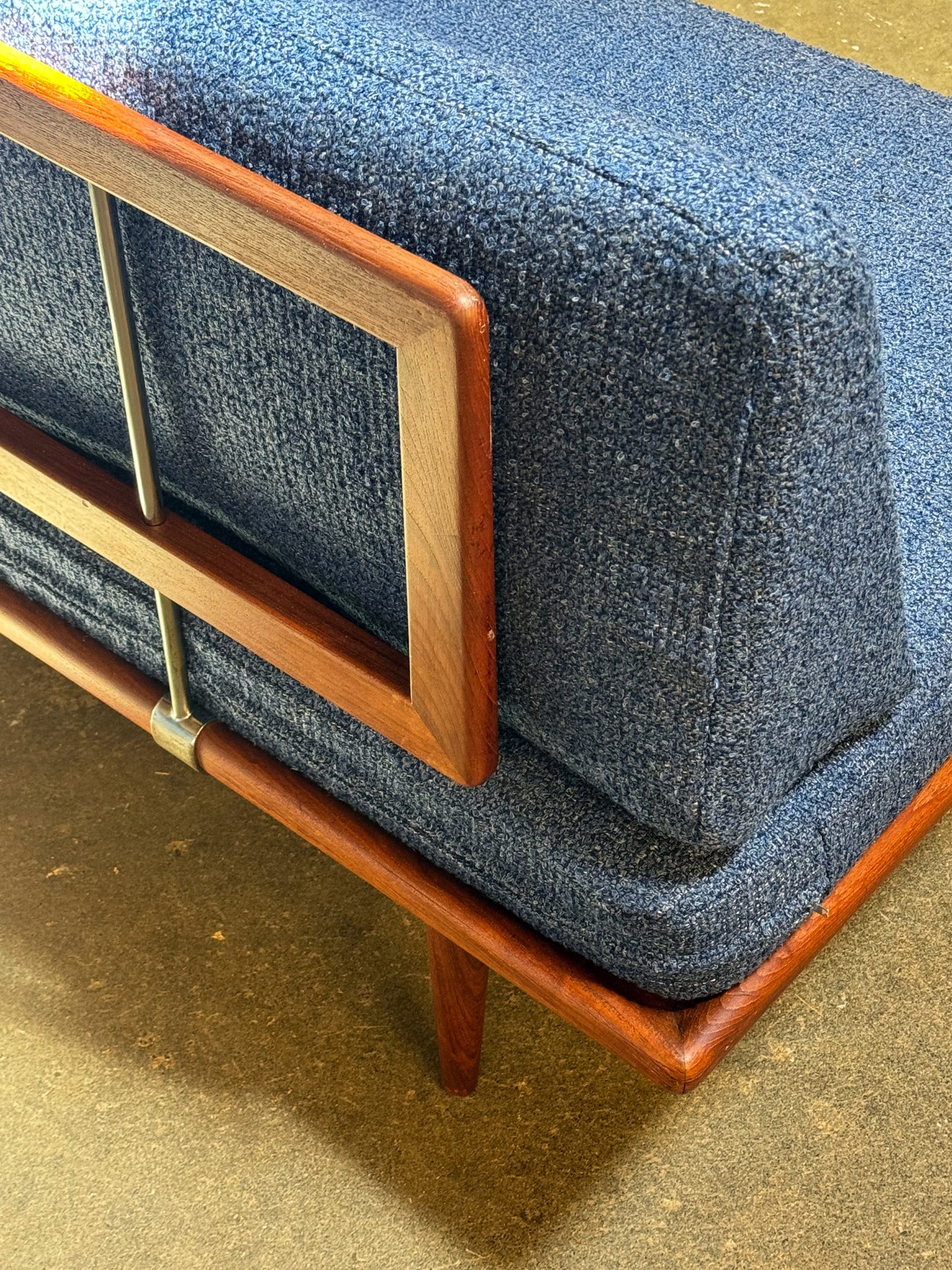 1950s Minerva Sofa Daybed by Peter Hvidt & Orla Mølgaard-Nielsen for France & Daverkosen in teak and blue bouclé