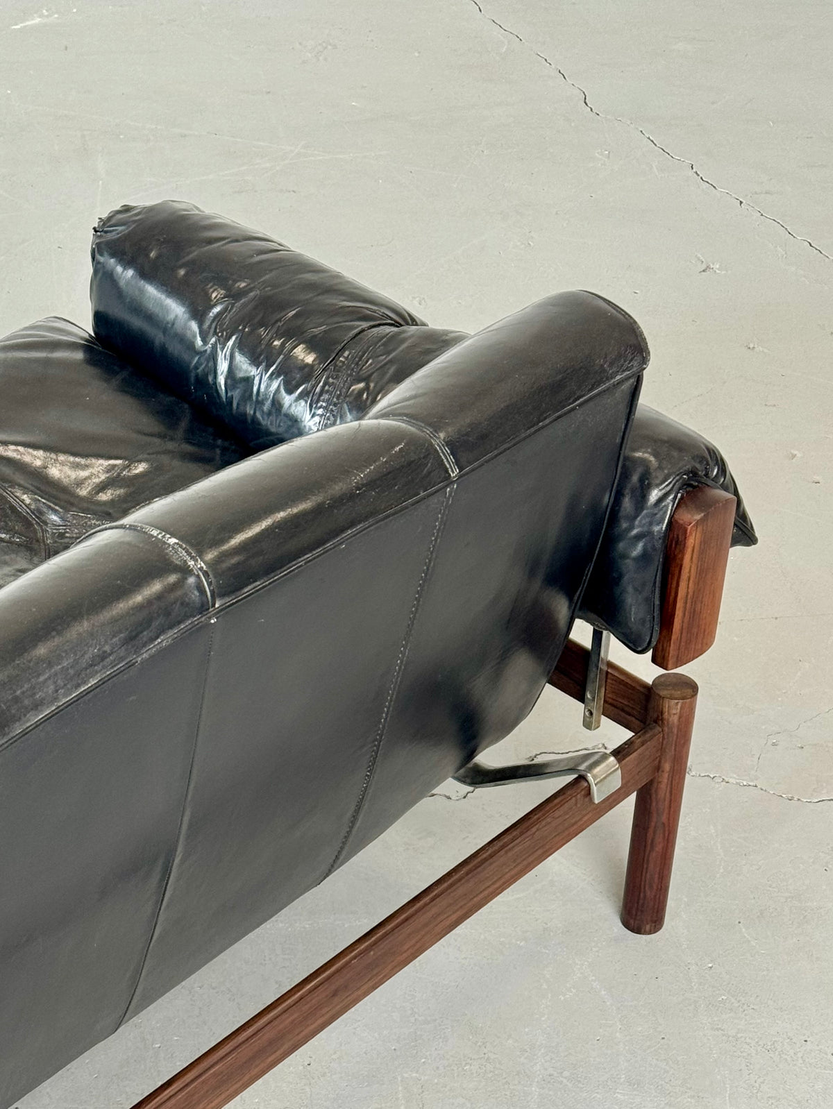 1960s MP-13 Four-Seat Sofa by Percival Lafer in Original Black Leather and Brazilian Rosewood.
