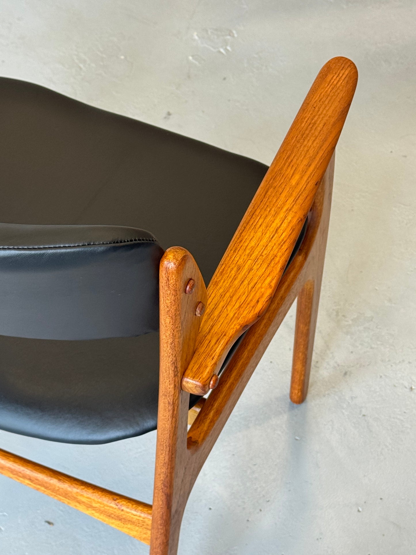 1960s Erik Buch Model 50 Dining Chairs in Teak and Black Elmosoft Leather for O.D. Møbler