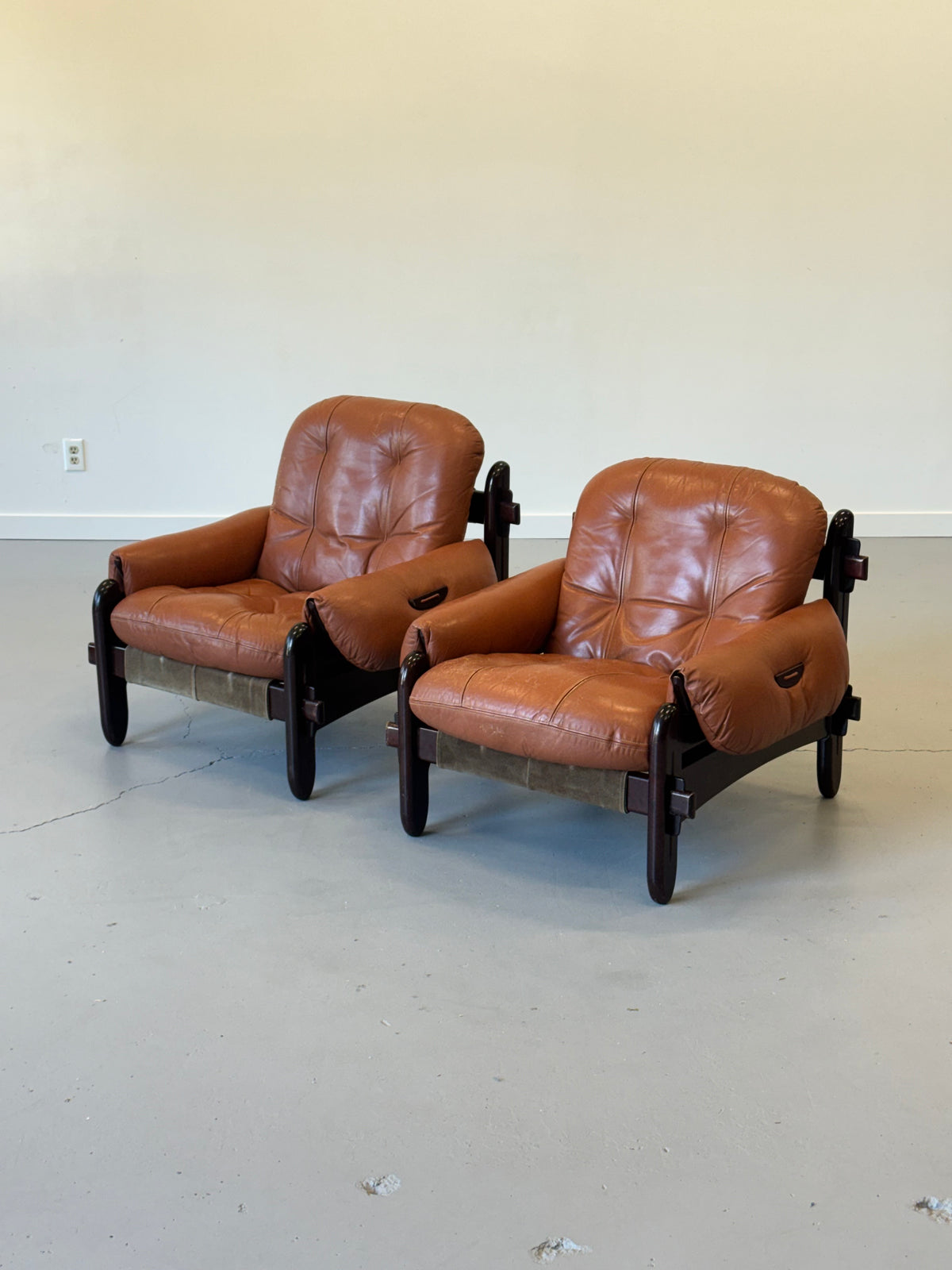 1970s Pair of Lounge Chairs by Jean Gillon for Probel in Original Leather and Imbuia.
