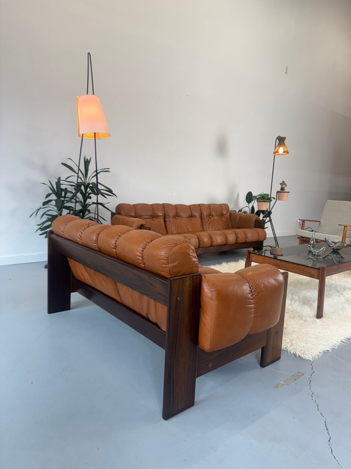 1970s Finnish Cognac Leather and Rosewood Two-Seat Sofa by Kalustekiila