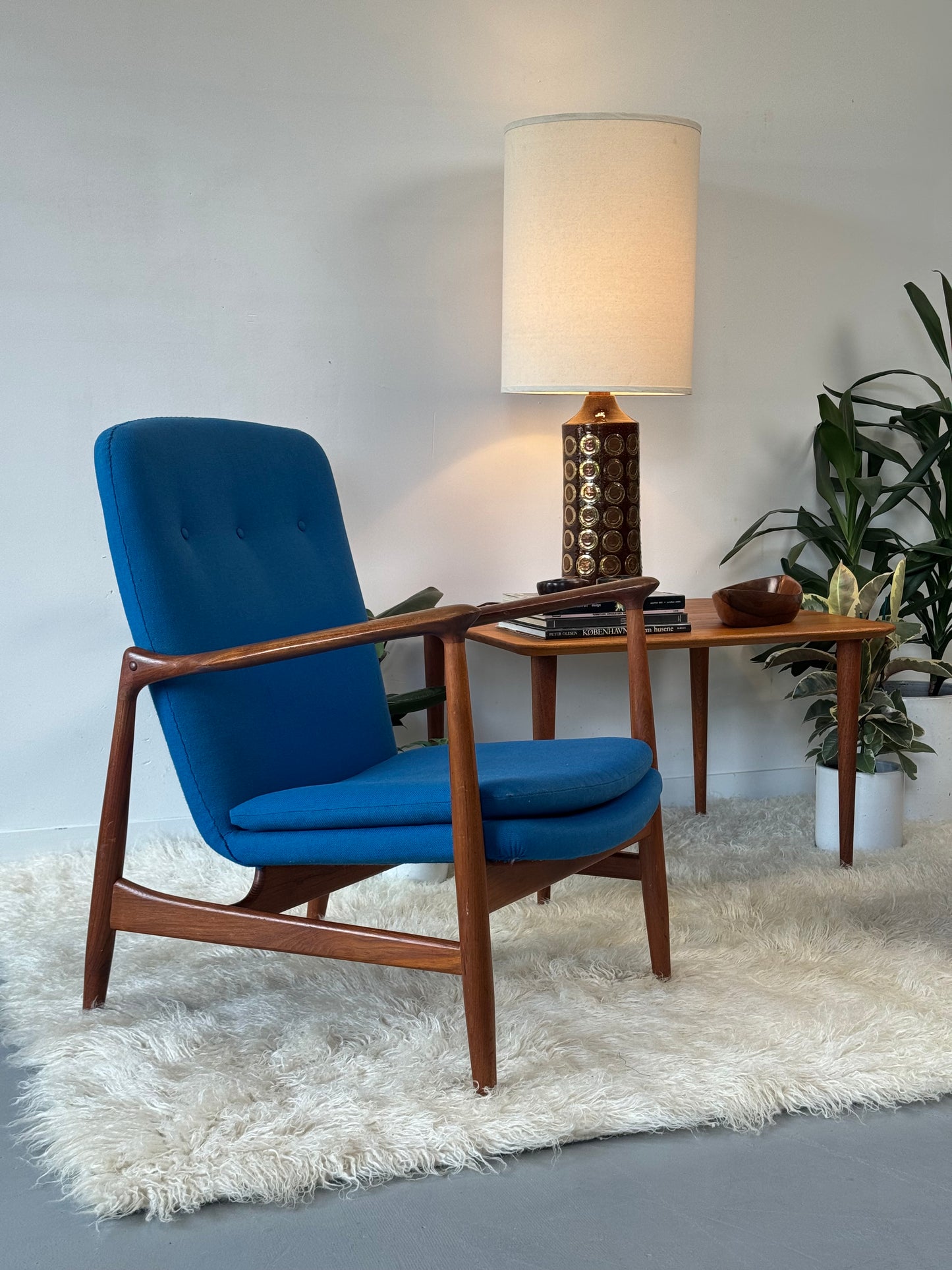 1950s BO95 Chair by Finn Juhl for Bovirke in teak and original blue wool.