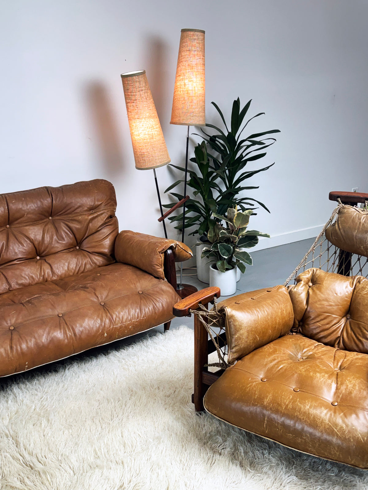 1950s–1960s German Twin-Cone Floor Lamp in Rosewood, steel, Chrome and Textured Fabric.