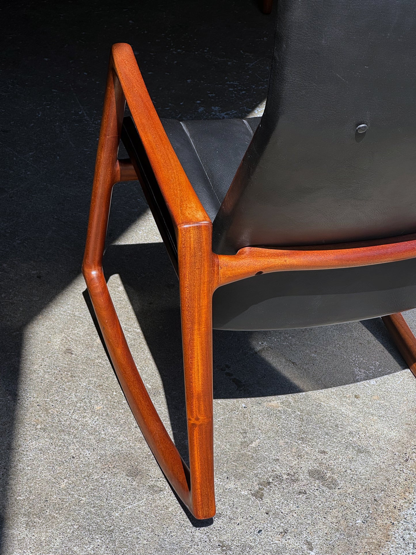 1950s Rocking Chair by Helge Vestergaard-Jensen for Soren Horn in Cuban mahogany and black leather