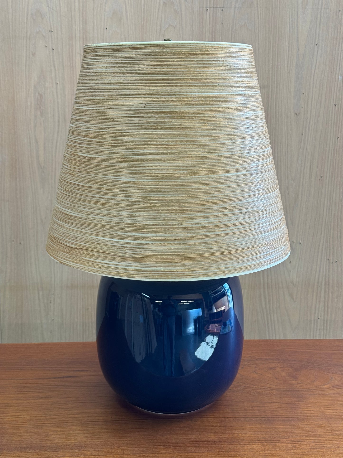 1960s Table Lamp by Lotte & Gunnar Bostlund in blue ceramic and original fiberglass shade