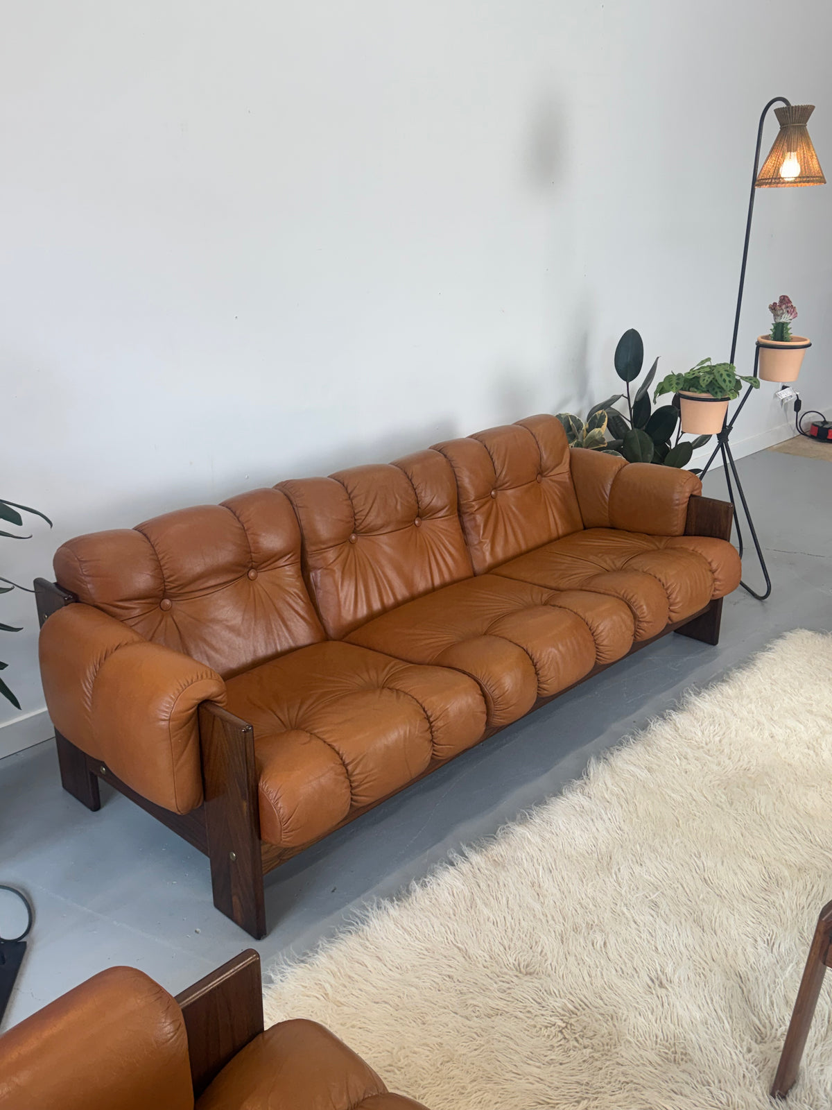 1970s Finnish Cognac Leather and Rosewood Three-Seat Sofa by Kalustekiila