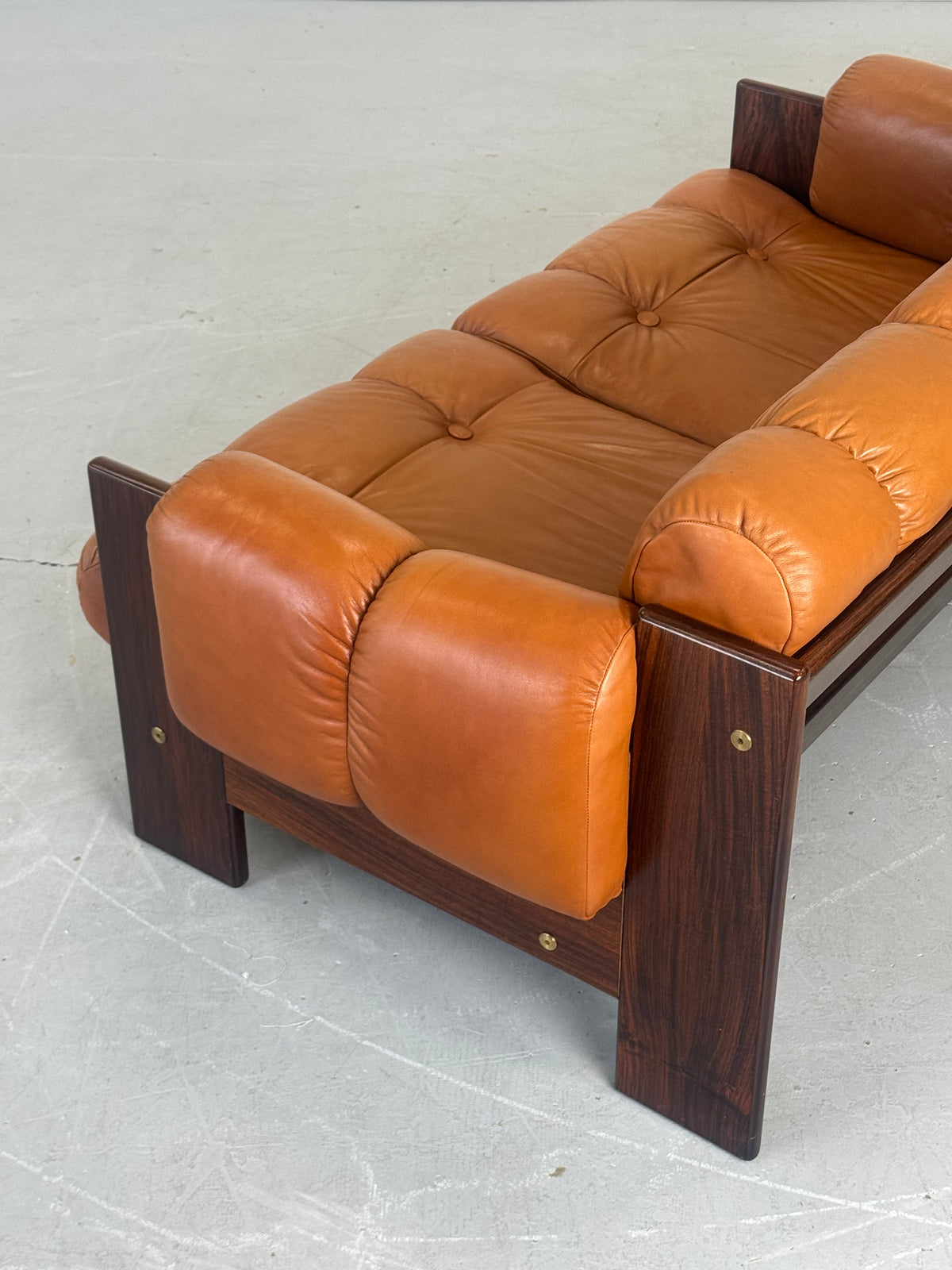 1970s Finnish Cognac Leather and Rosewood Two-Seat Sofa by Kalustekiila