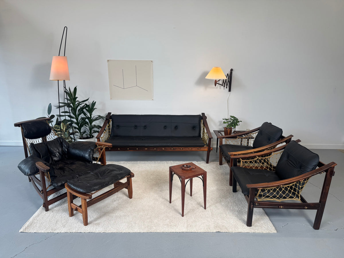 1960s Pair of Amazonas Lounge Chairs by Jean Gillon for Wood Art in Rosewood and Black Leather.
