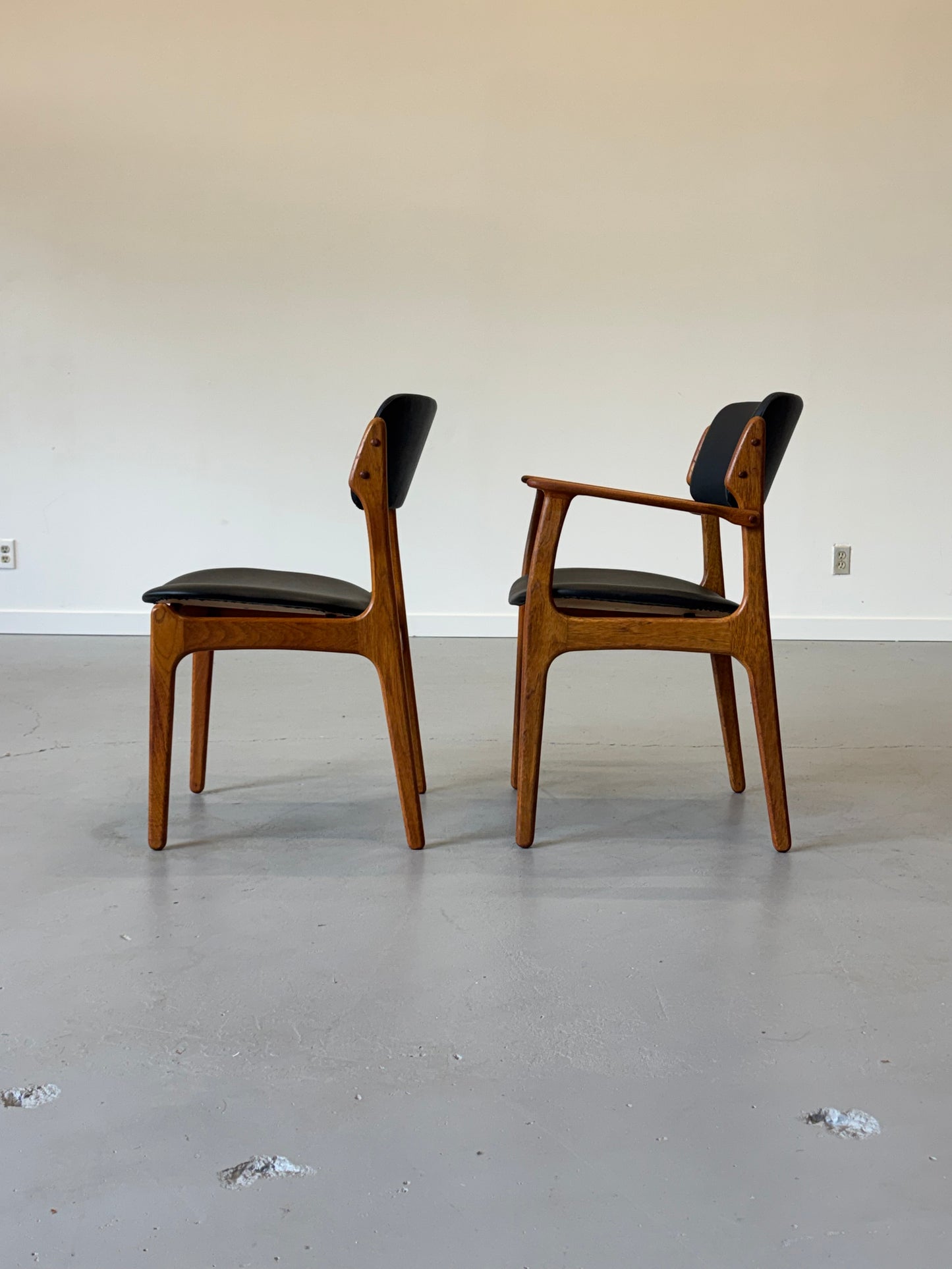 1960s Erik Buch Model 50 Dining Chairs in Teak and Black Elmosoft Leather for O.D. Møbler