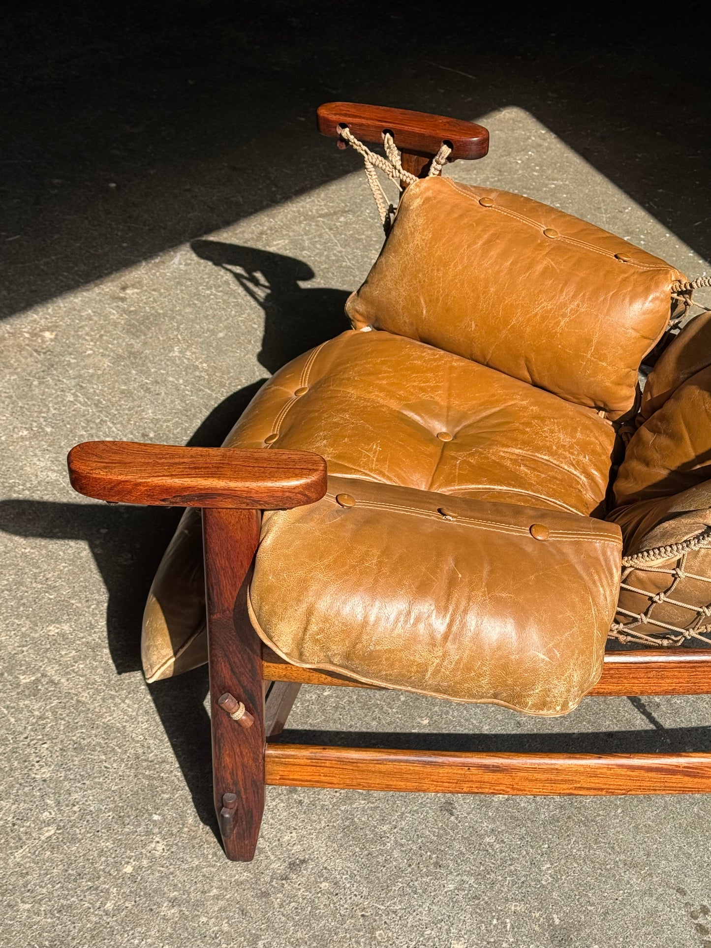 1960s Jangada Lounge Chair and Ottoman by Jean Gillon in Rosewood and original Brown Leather
