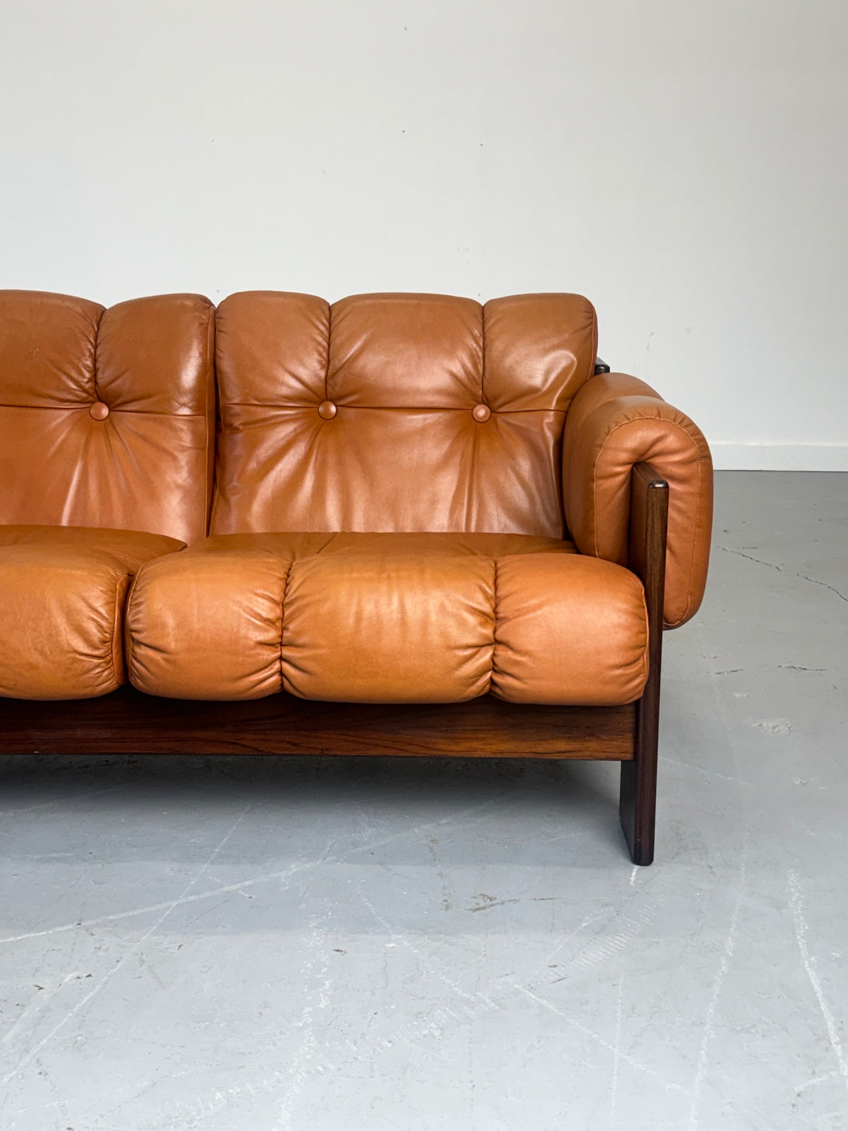 1970s Finnish Cognac Leather and Rosewood Three-Seat Sofa by Kalustekiila