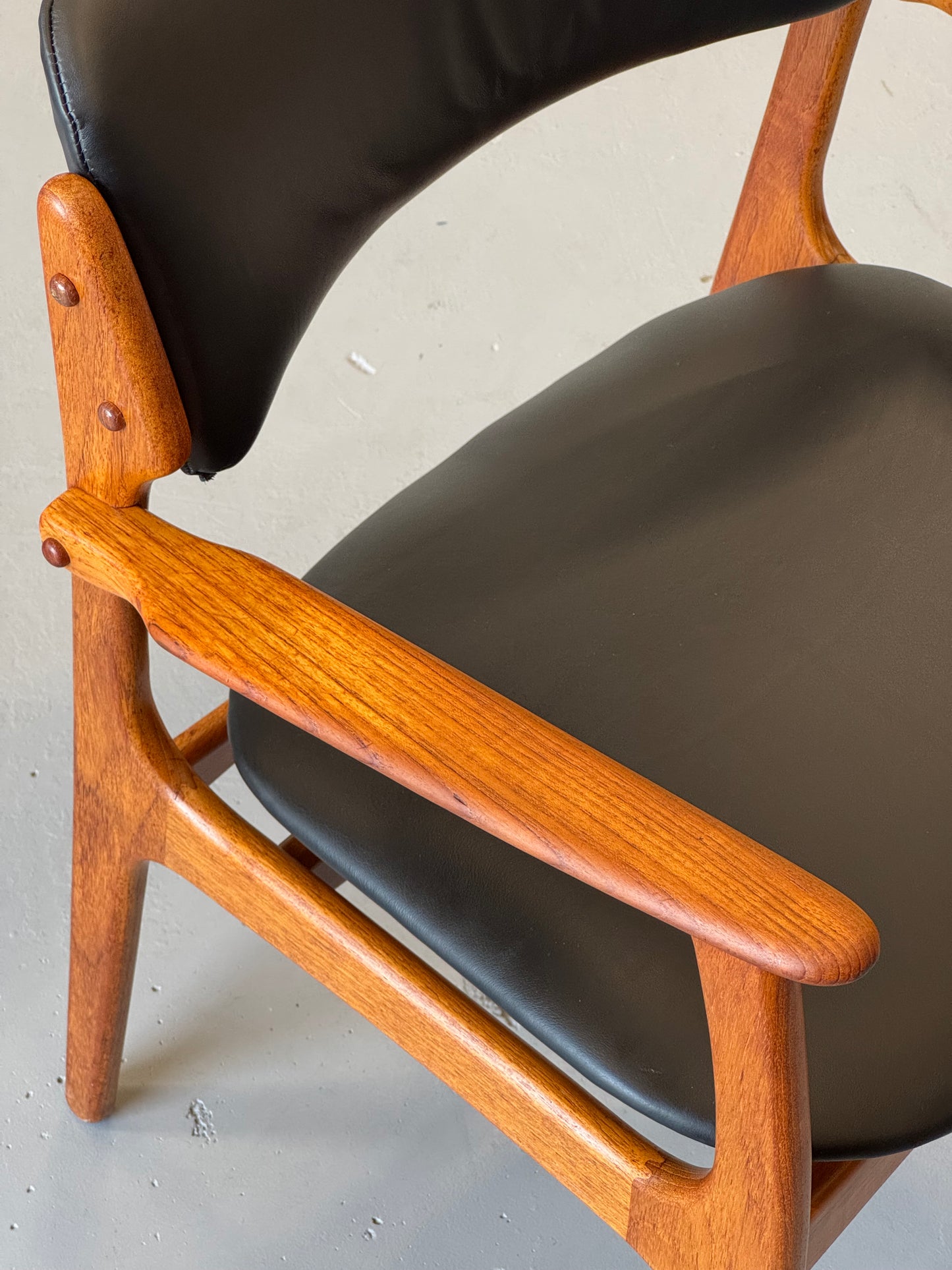 1960s Erik Buch Model 50 Dining Chairs in Teak and Black Elmosoft Leather for O.D. Møbler