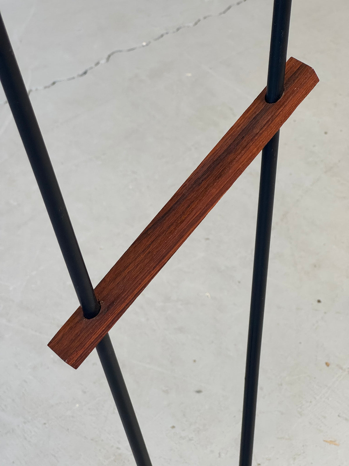 1950s–1960s German Twin-Cone Floor Lamp in Rosewood, steel, Chrome and Textured Fabric.