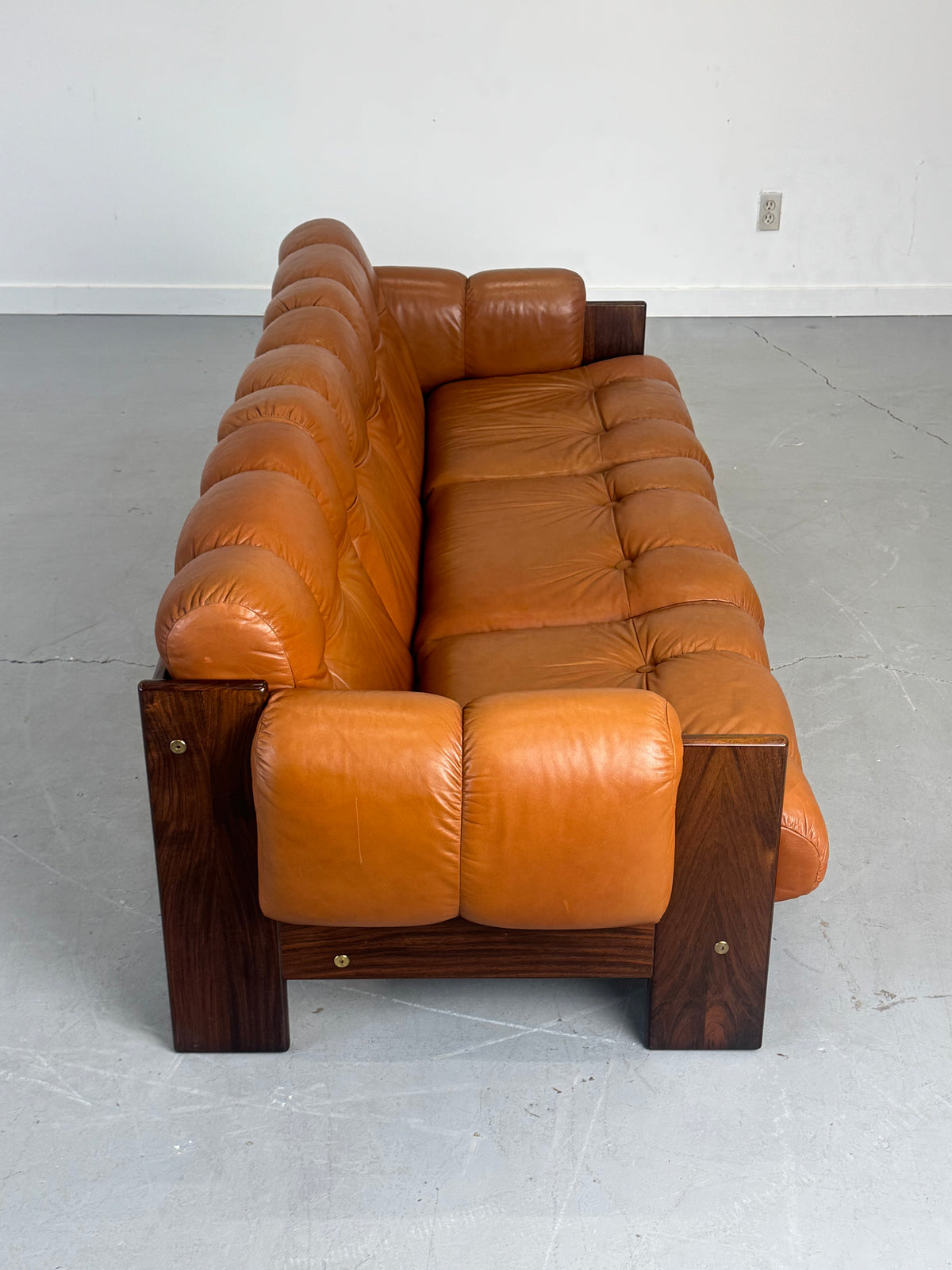 1970s Finnish Cognac Leather and Rosewood Three-Seat Sofa by Kalustekiila