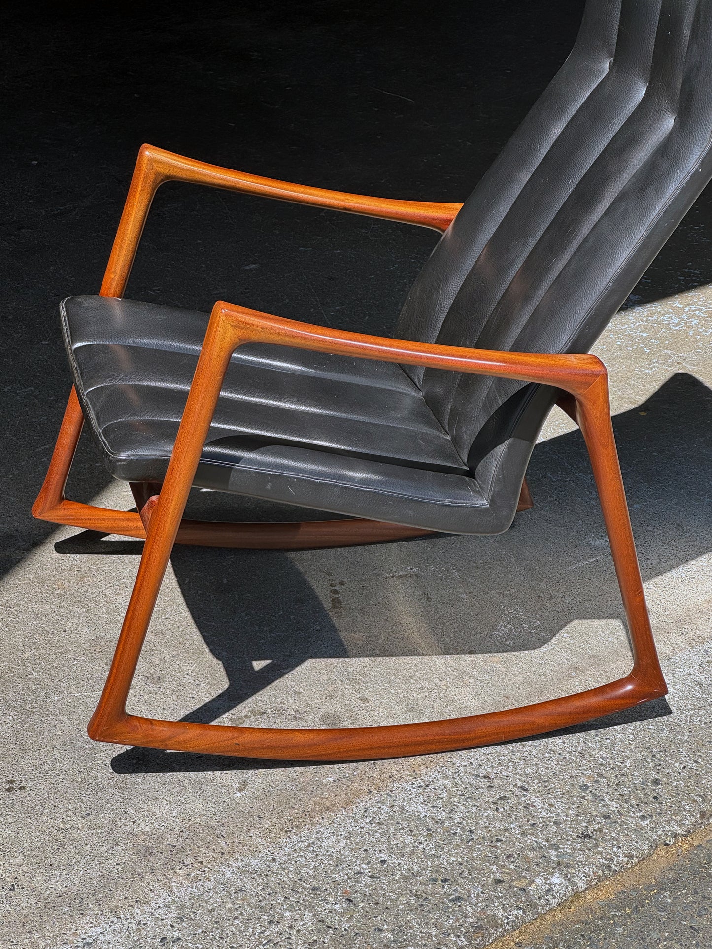 1950s Rocking Chair by Helge Vestergaard-Jensen for Soren Horn in Cuban mahogany and black leather