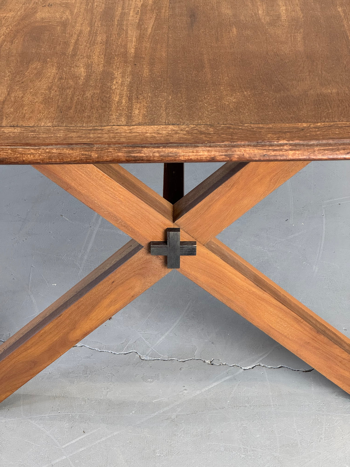 Vintage Monumental Solid Walnut and Rosewood Dining Table with X-Frame Base.