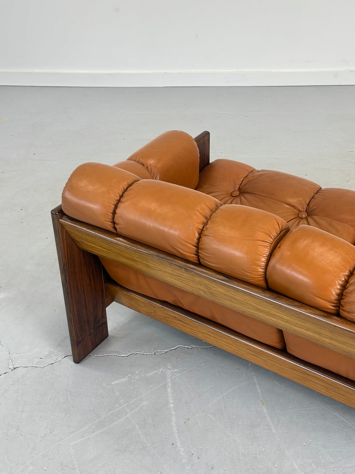 1970s Finnish Cognac Leather and Rosewood Three-Seat Sofa by Kalustekiila