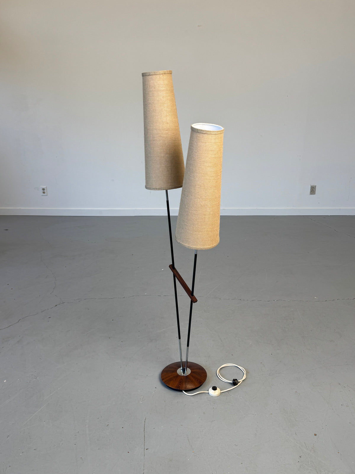 1950s–1960s German Twin-Cone Floor Lamp in Rosewood, steel, Chrome and Textured Fabric.