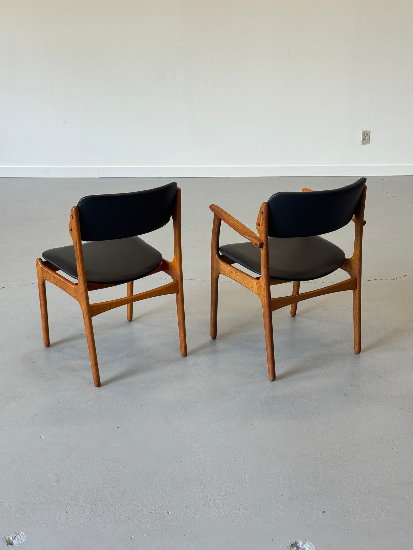 1960s Erik Buch Model 50 Dining Chairs in Teak and Black Elmosoft Leather for O.D. Møbler