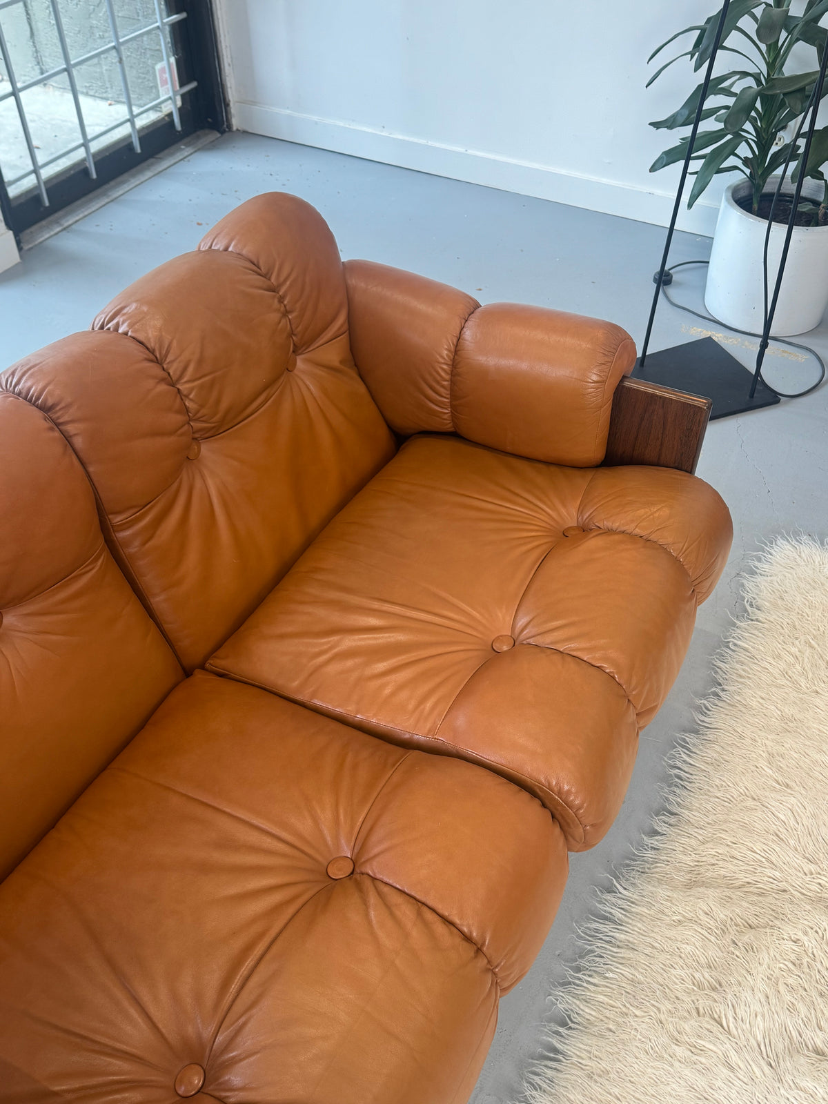 1970s Finnish Cognac Leather and Rosewood Two-Seat Sofa by Kalustekiila