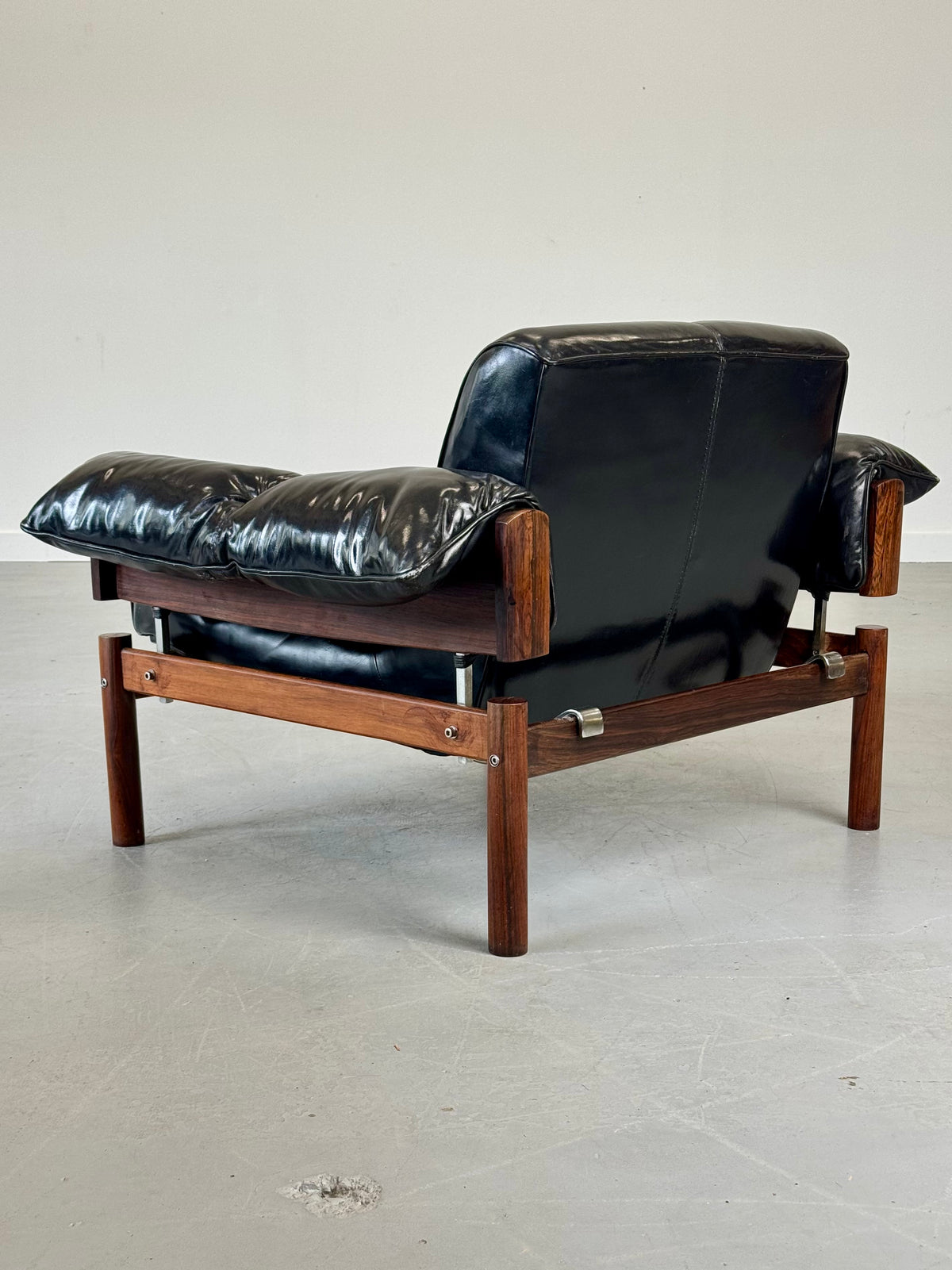 Pair of 1960s MP-13 Lounge Chairs by Percival Lafer in Original Black Leather and Brazilian Rosewood.