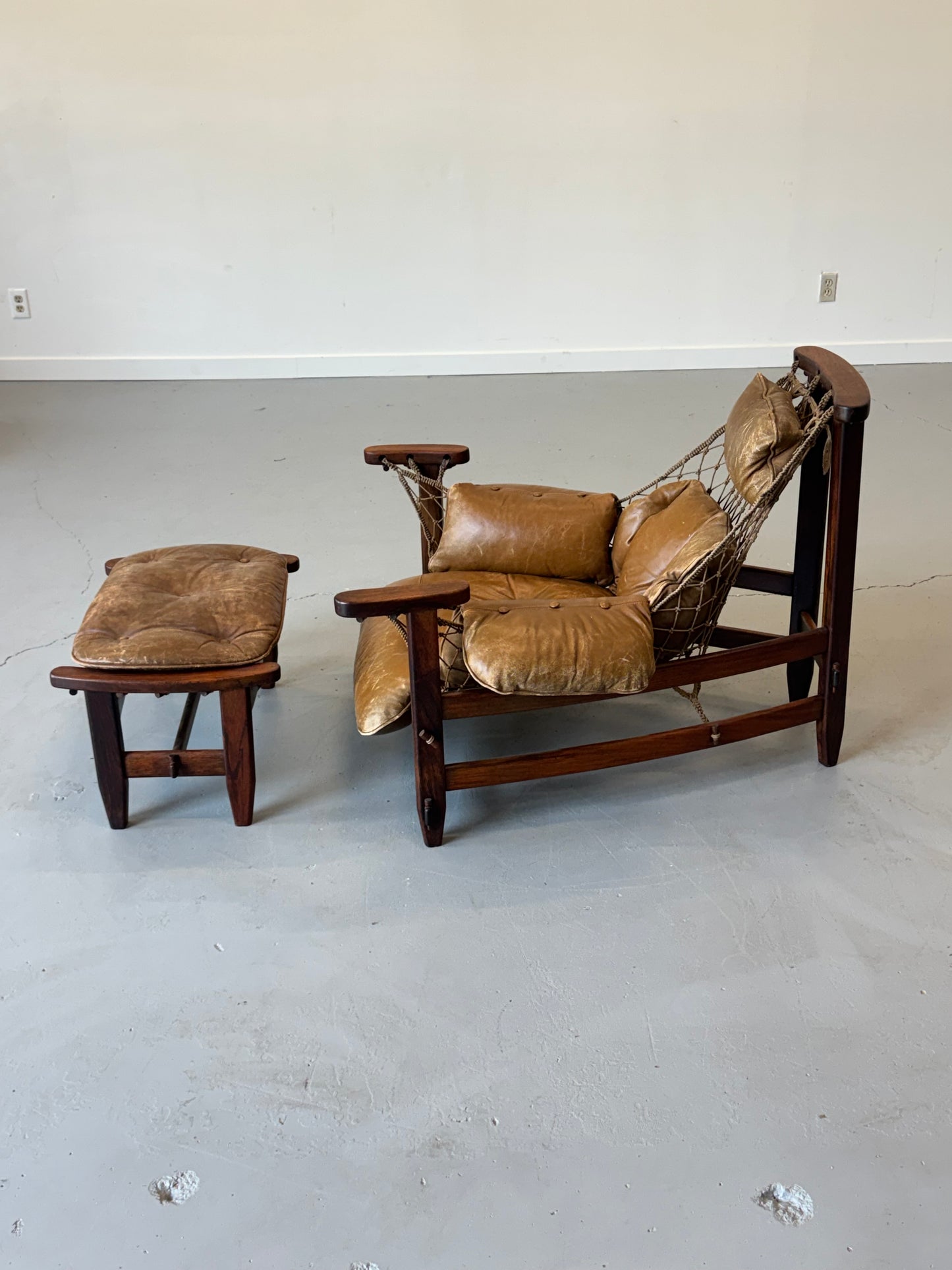 1960s Jangada Lounge Chair and Ottoman by Jean Gillon in Rosewood and original Brown Leather