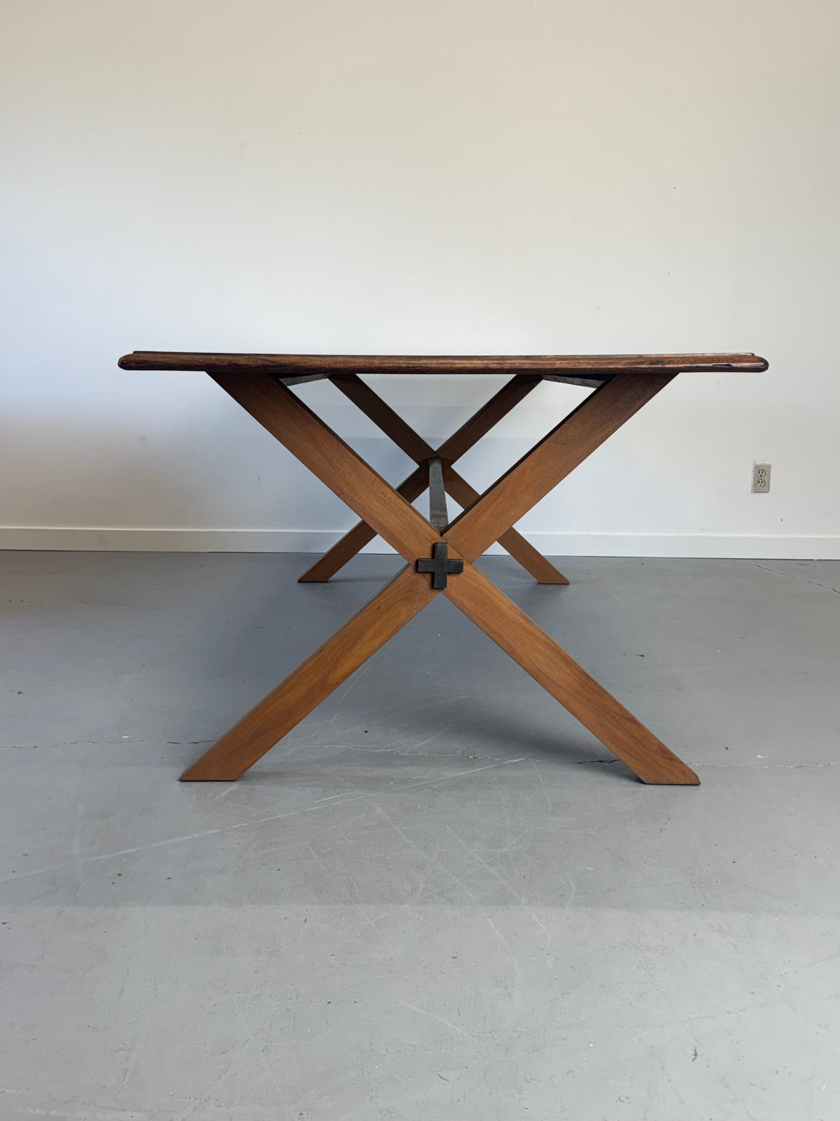 Vintage Monumental Solid Walnut and Rosewood Dining Table with X-Frame Base.