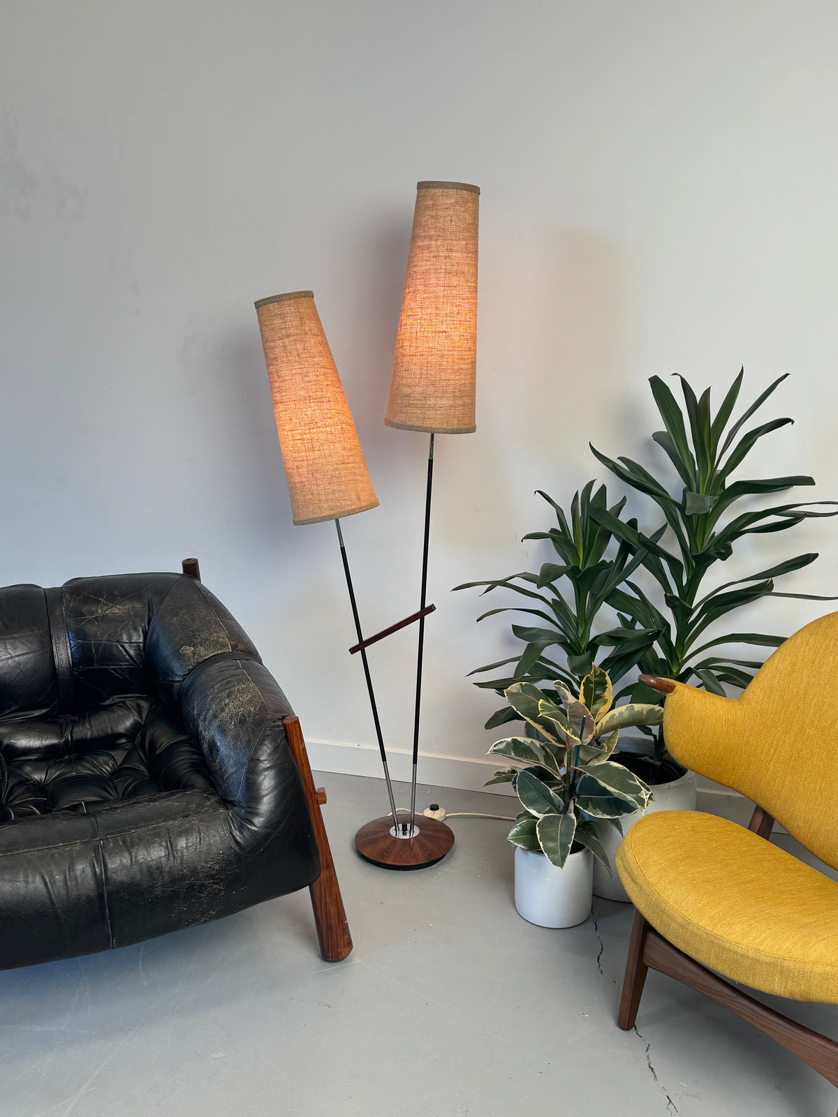 1950s–1960s German Twin-Cone Floor Lamp in Rosewood, steel, Chrome and Textured Fabric.