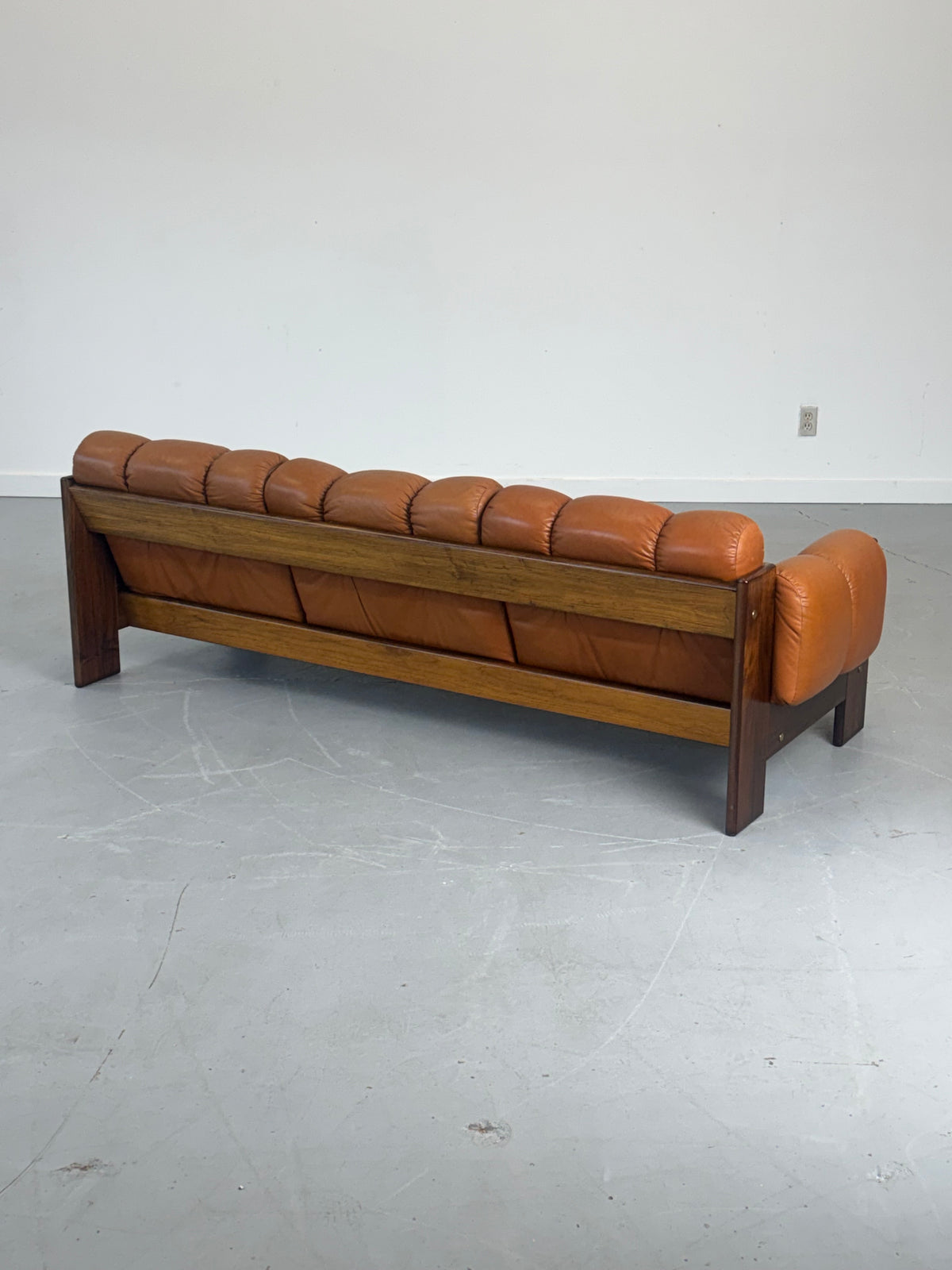 1970s Finnish Cognac Leather and Rosewood Three-Seat Sofa by Kalustekiila