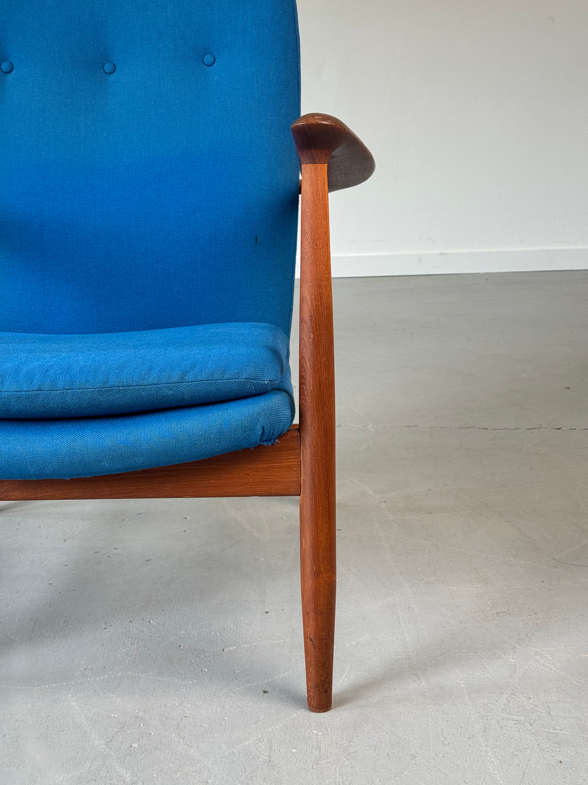 1950s BO95 Chair by Finn Juhl for Bovirke in teak and original blue wool.