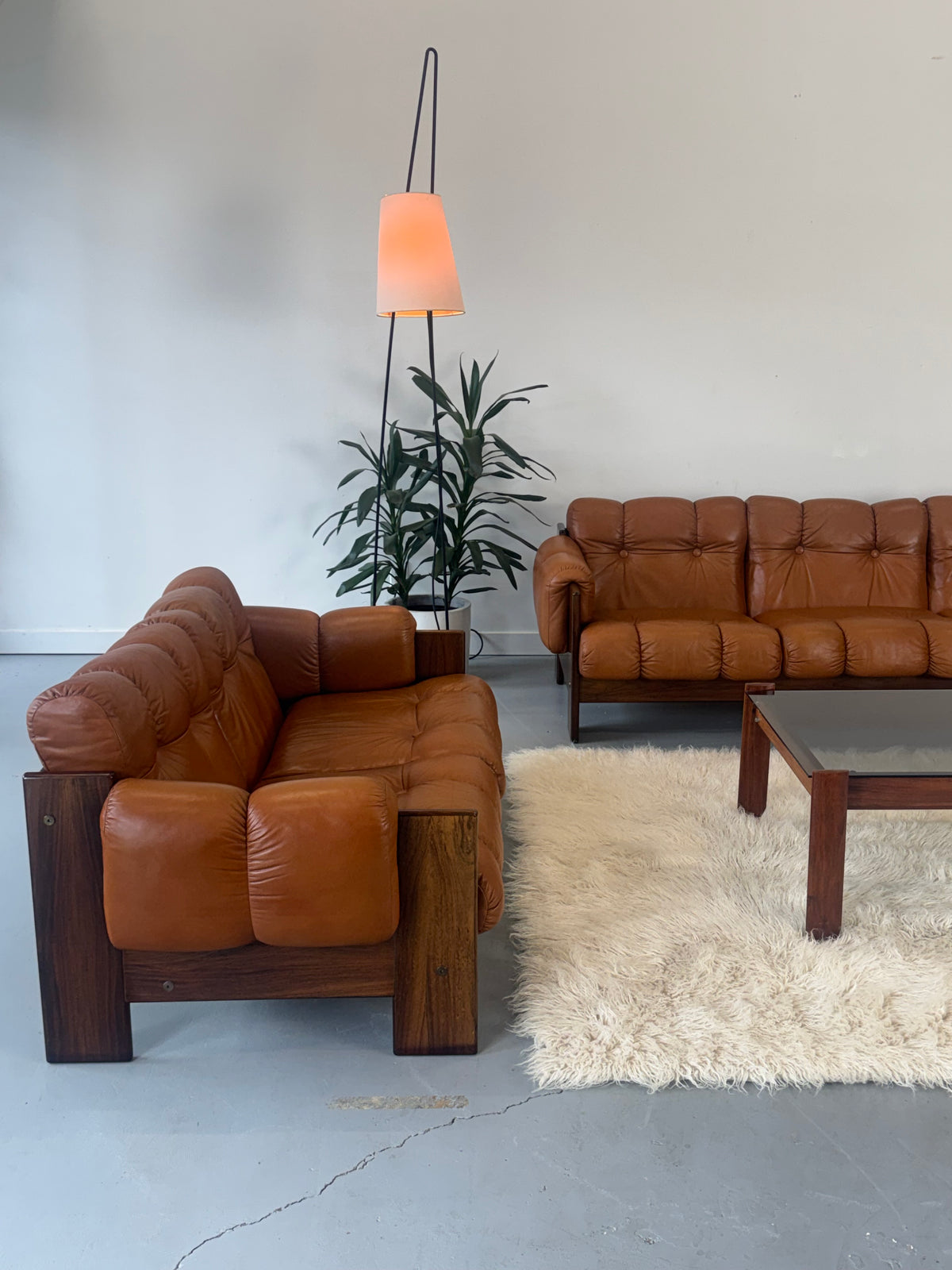 1970s Finnish Cognac Leather and Rosewood Two-Seat Sofa by Kalustekiila
