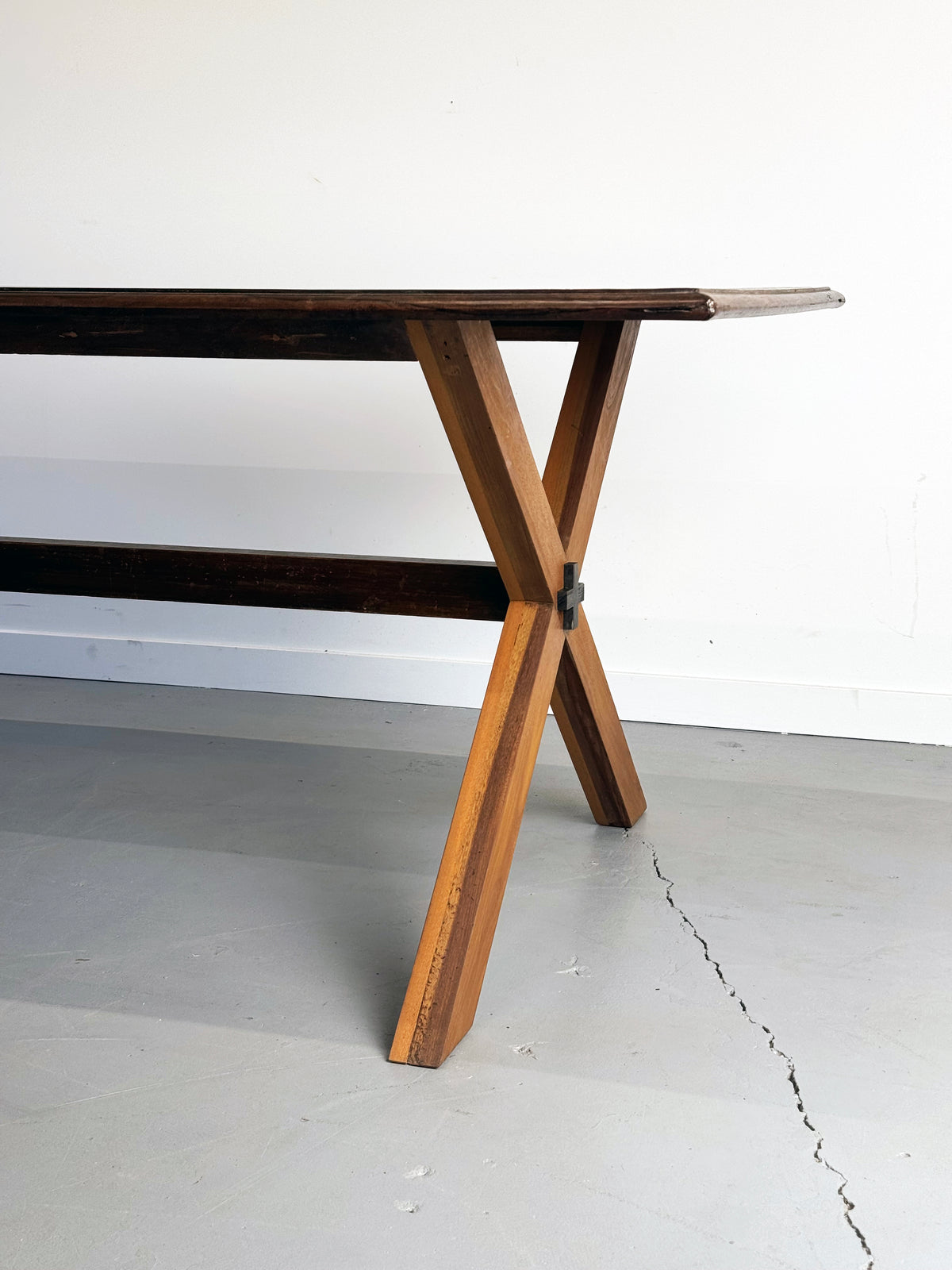 Vintage Monumental Solid Walnut and Rosewood Dining Table with X-Frame Base.