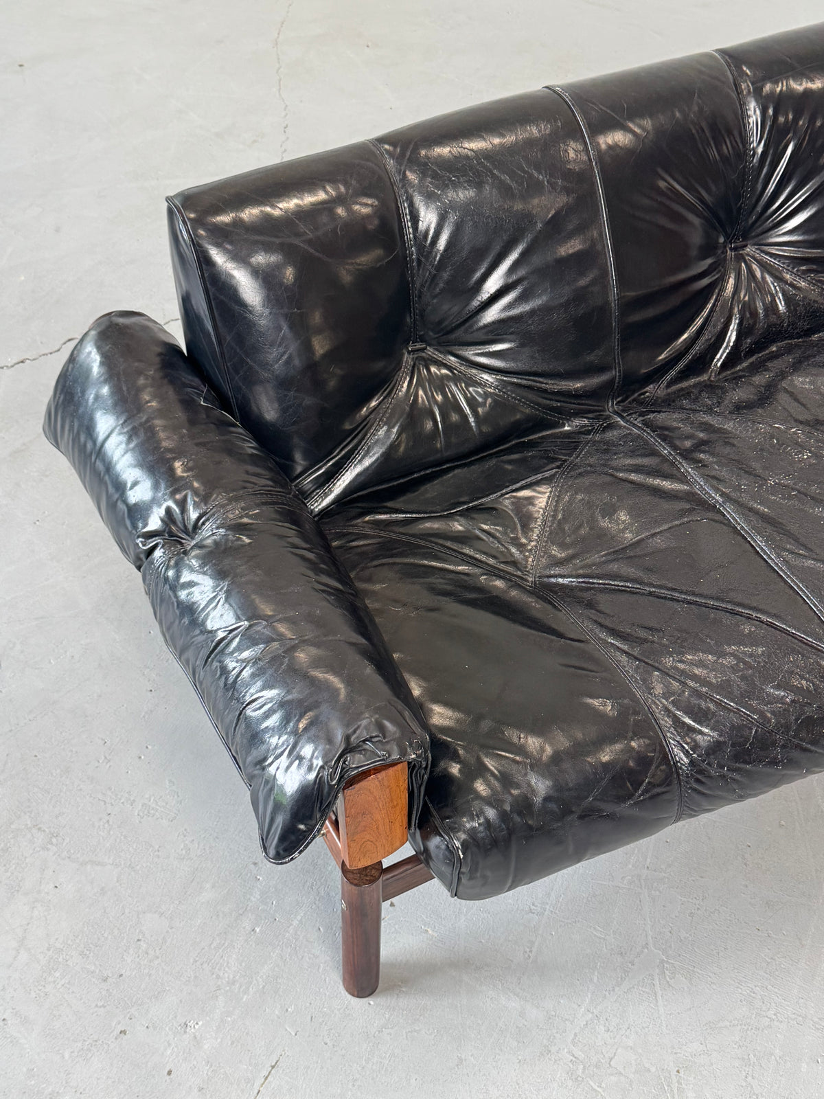 1960s MP-13 Four-Seat Sofa by Percival Lafer in Original Black Leather and Brazilian Rosewood.