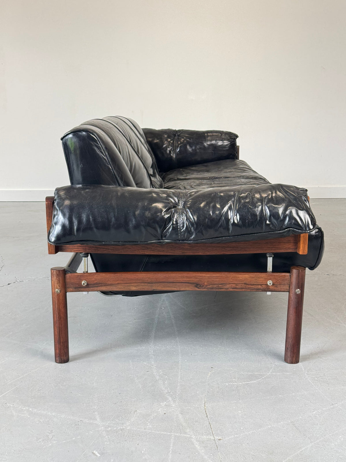1960s MP-13 Four-Seat Sofa by Percival Lafer in Original Black Leather and Brazilian Rosewood.