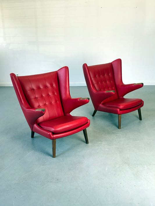 Pair of 1950s AP19 Papa Bear Lounge Chairs by Hans J. Wegner for A.P. Stolen in Red Leather, Denmark.