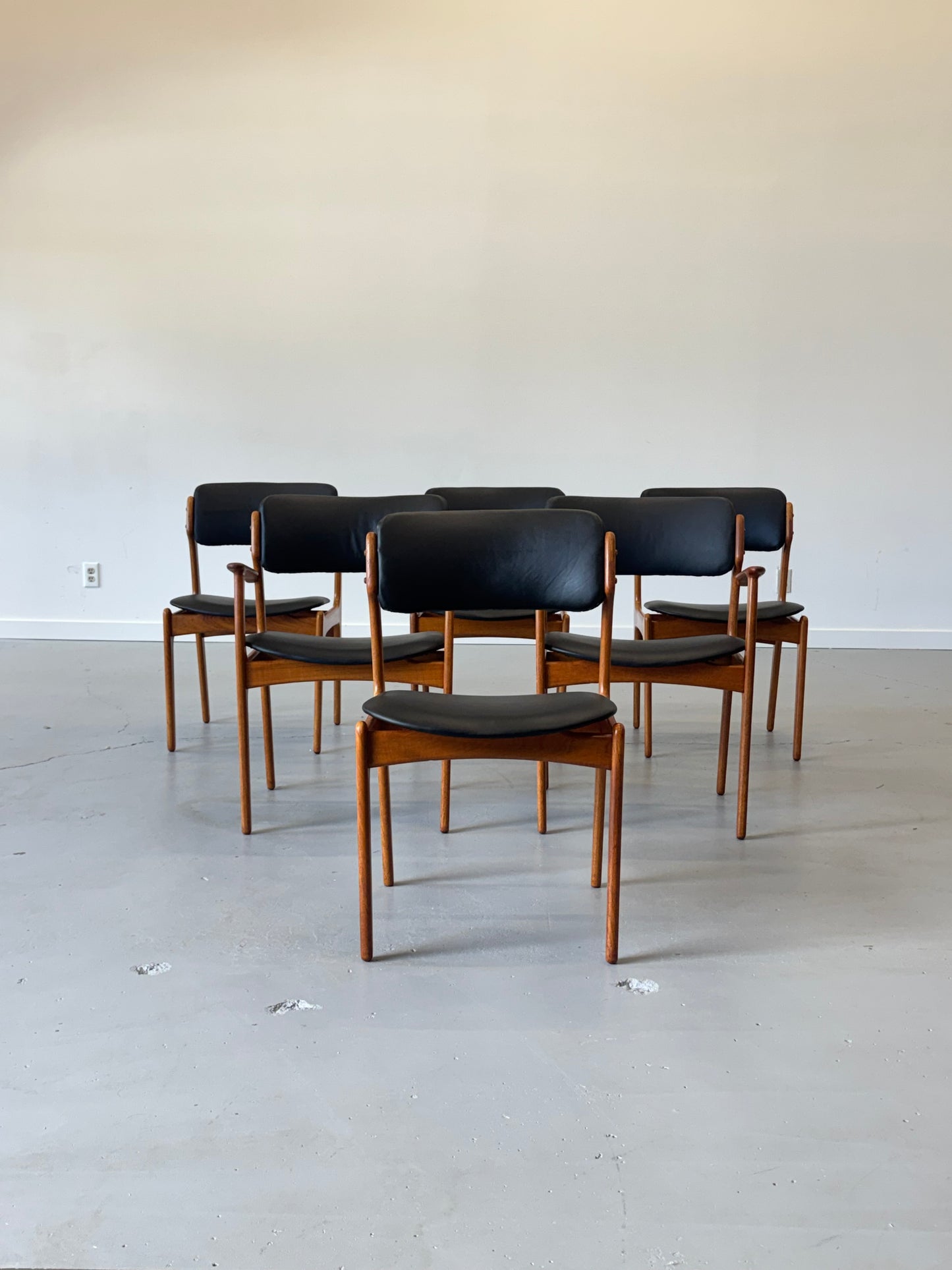 1960s Erik Buch Model 50 Dining Chairs in Teak and Black Elmosoft Leather for O.D. Møbler