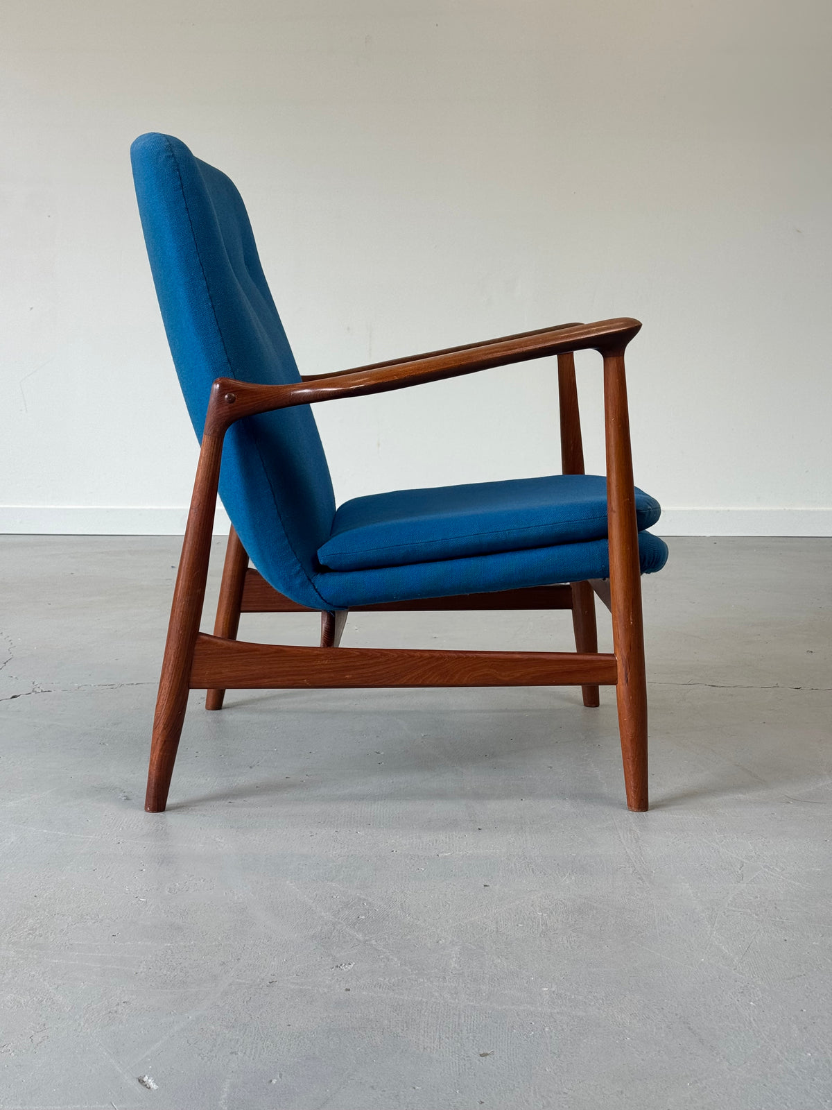 1950s BO95 Chair by Finn Juhl for Bovirke in teak and original blue wool.