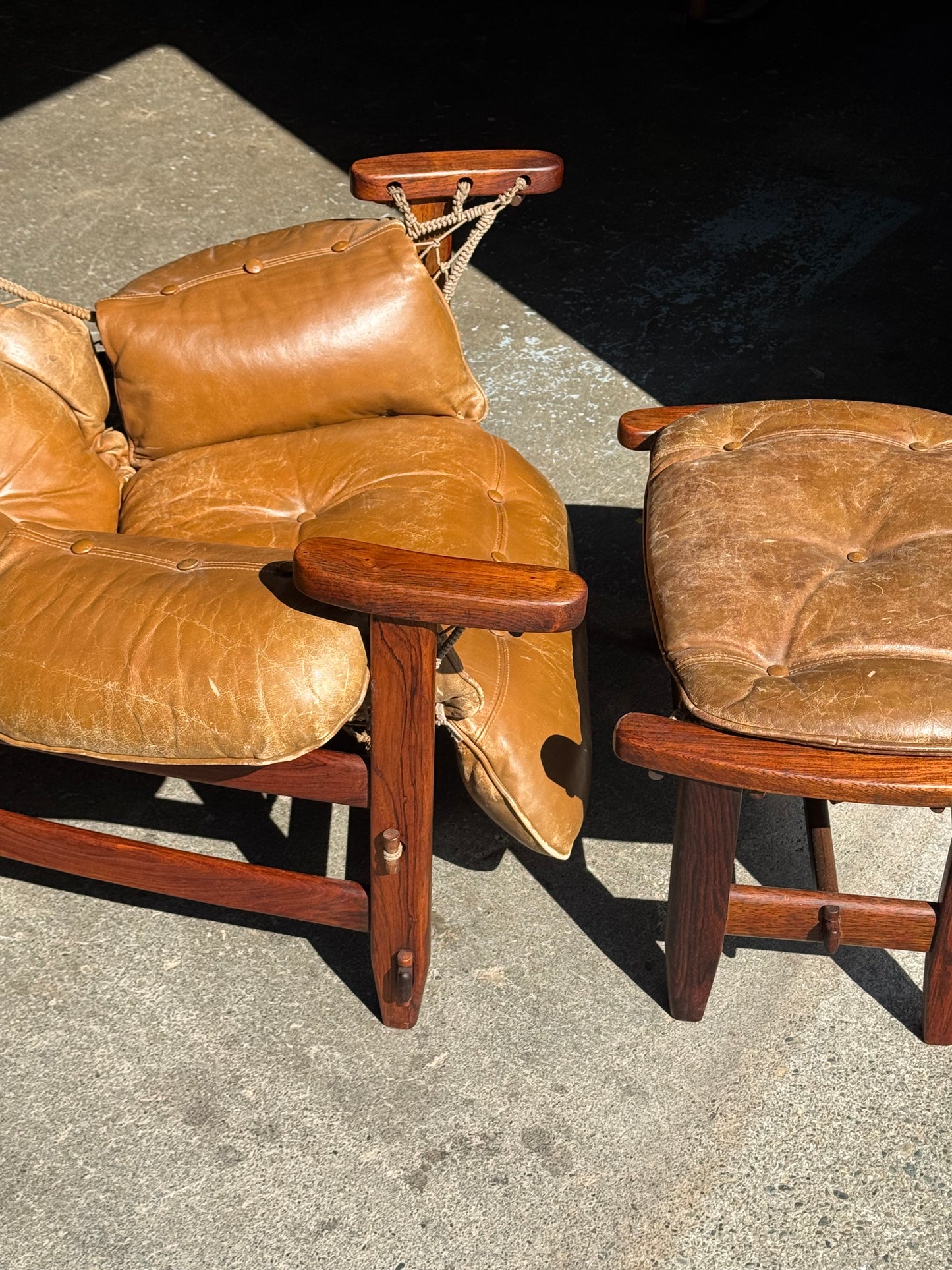 1960s Jangada Lounge Chair and Ottoman by Jean Gillon in Rosewood and original Brown Leather