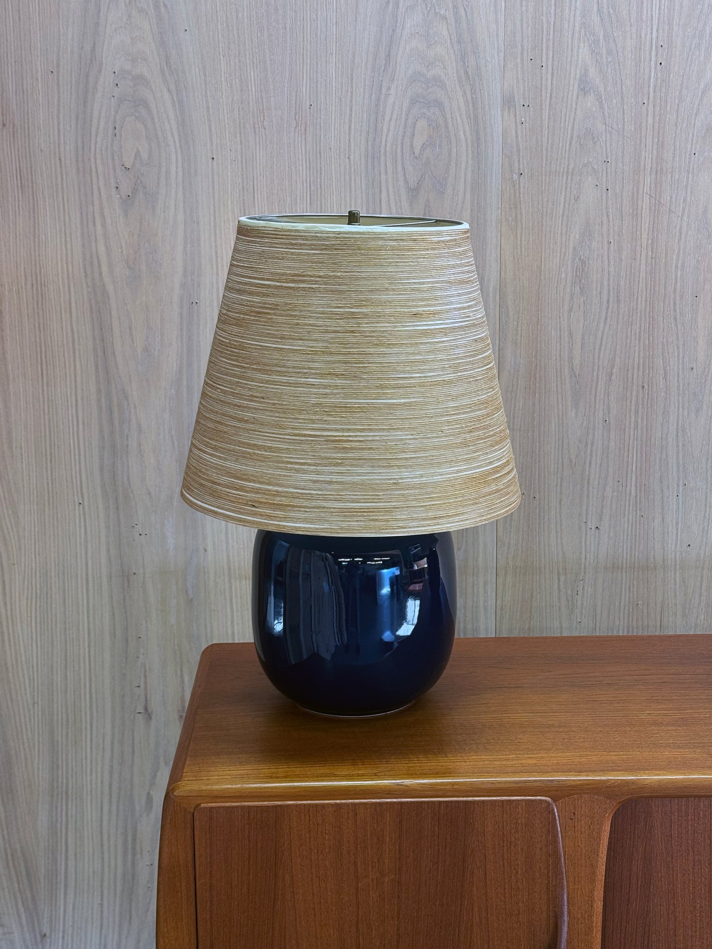 1960s Table Lamp by Lotte & Gunnar Bostlund in blue ceramic and original fiberglass shade