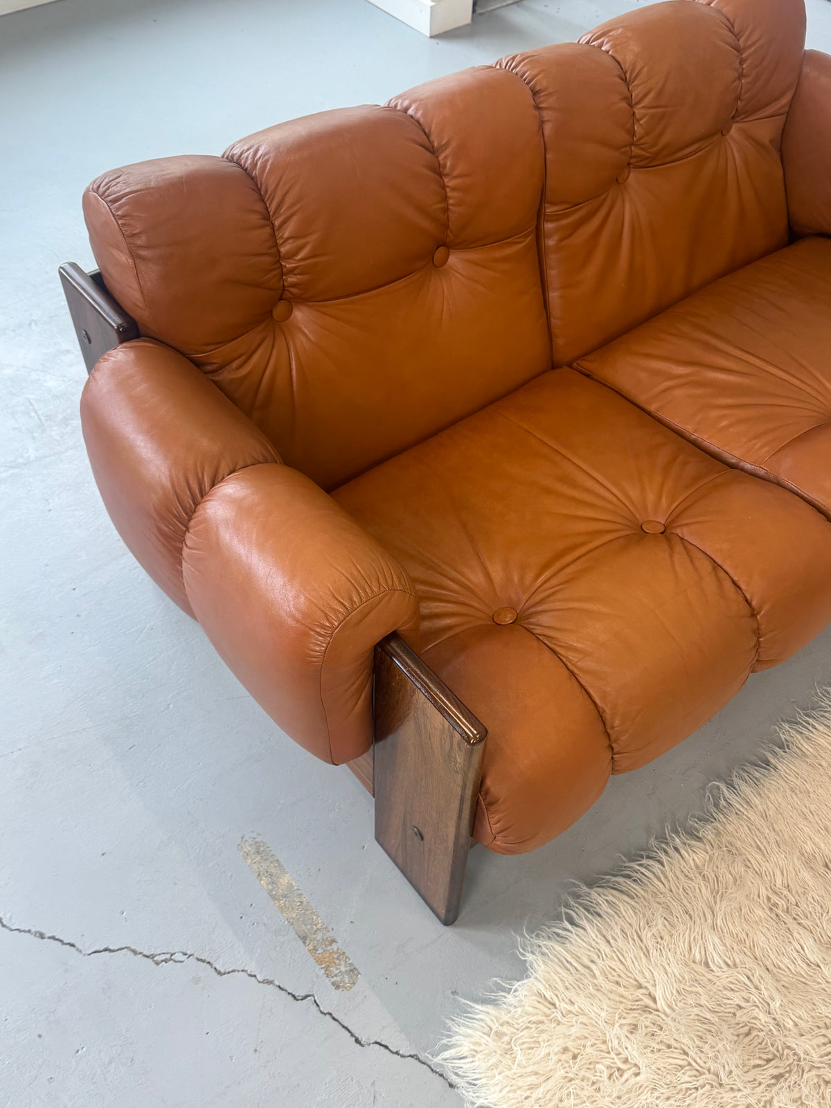 1970s Finnish Cognac Leather and Rosewood Two-Seat Sofa by Kalustekiila