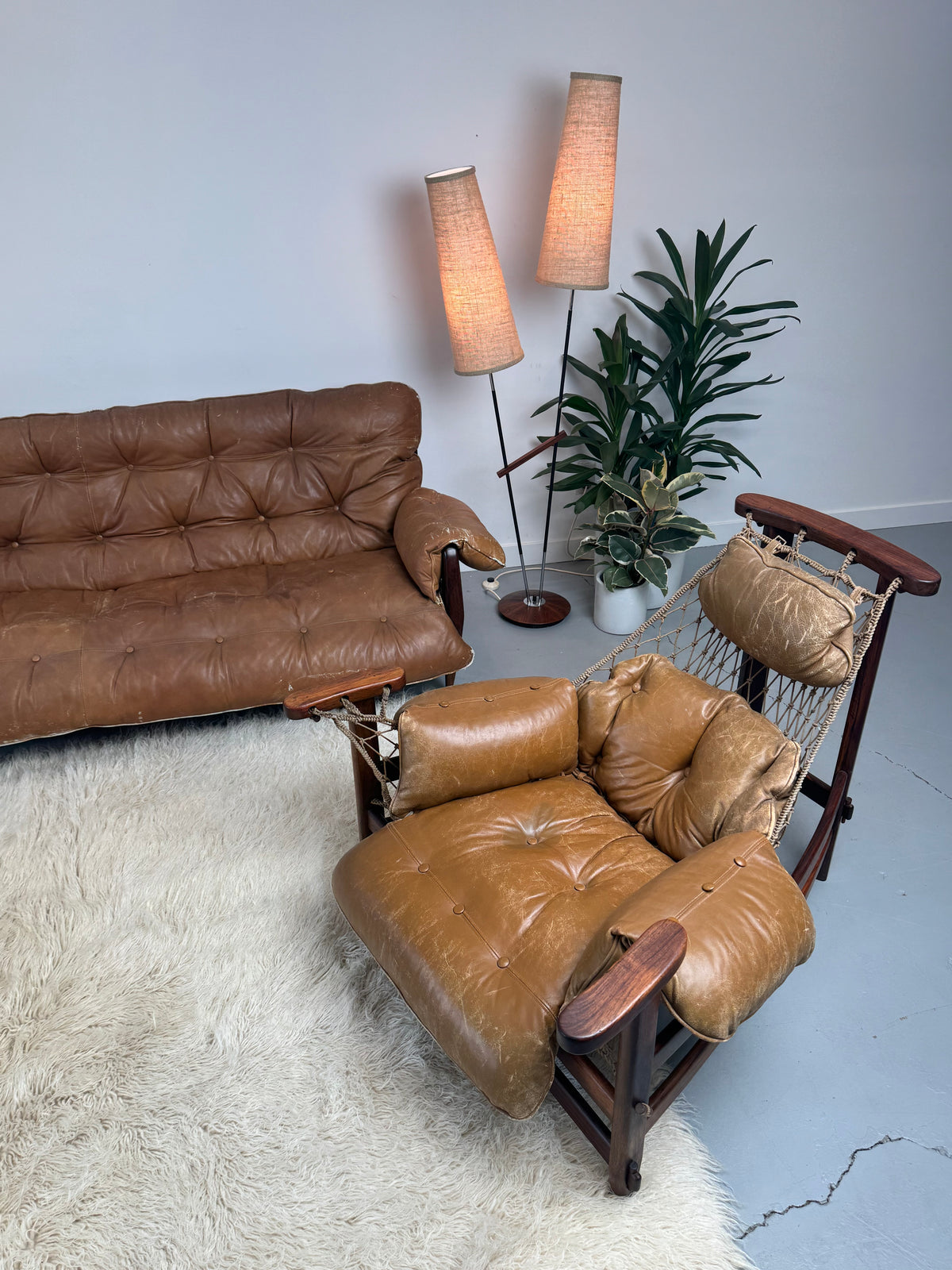 1950s–1960s German Twin-Cone Floor Lamp in Rosewood, steel, Chrome and Textured Fabric.