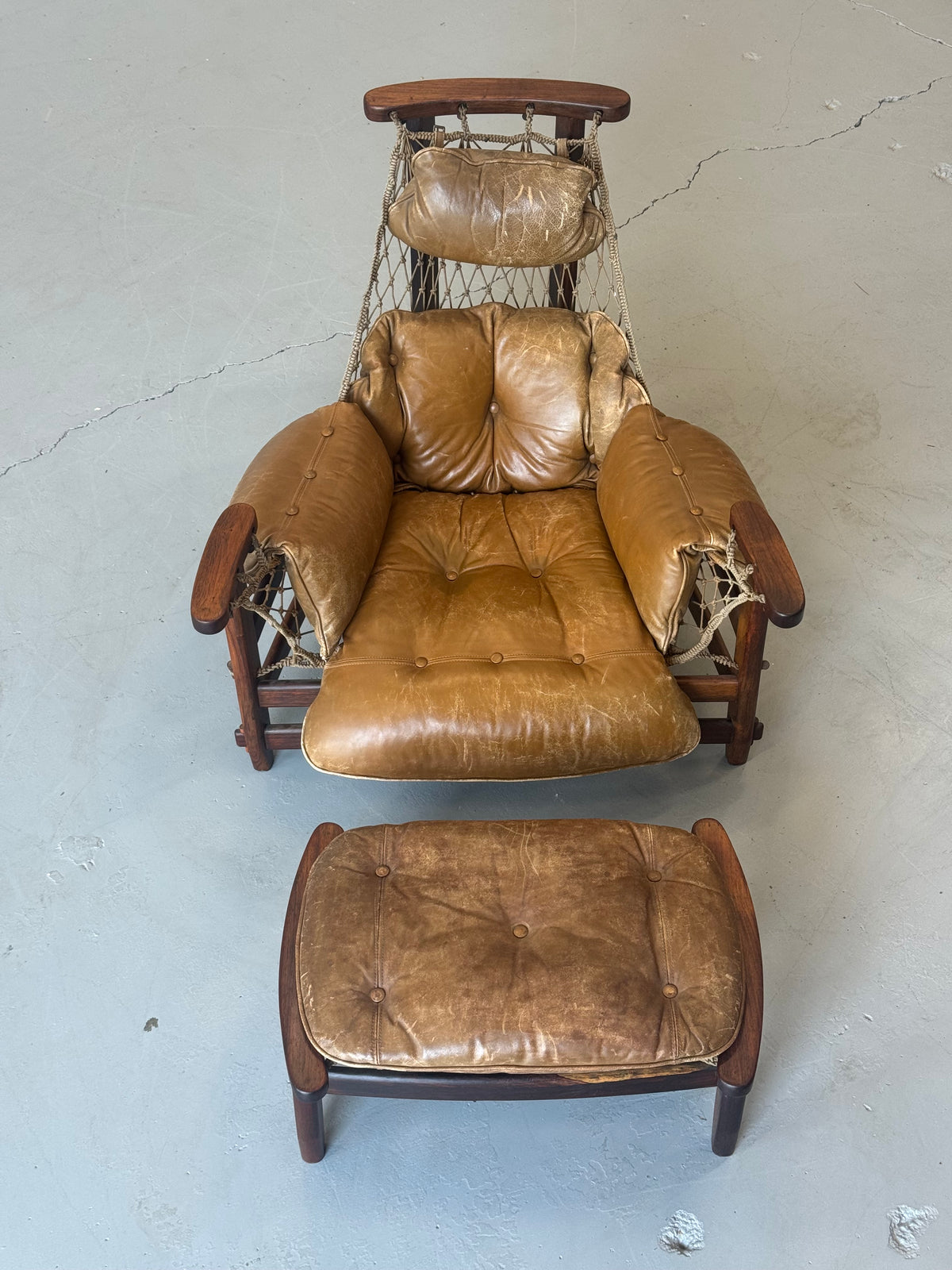 1960s Jangada Lounge Chair and Ottoman by Jean Gillon in Rosewood and original Brown Leather