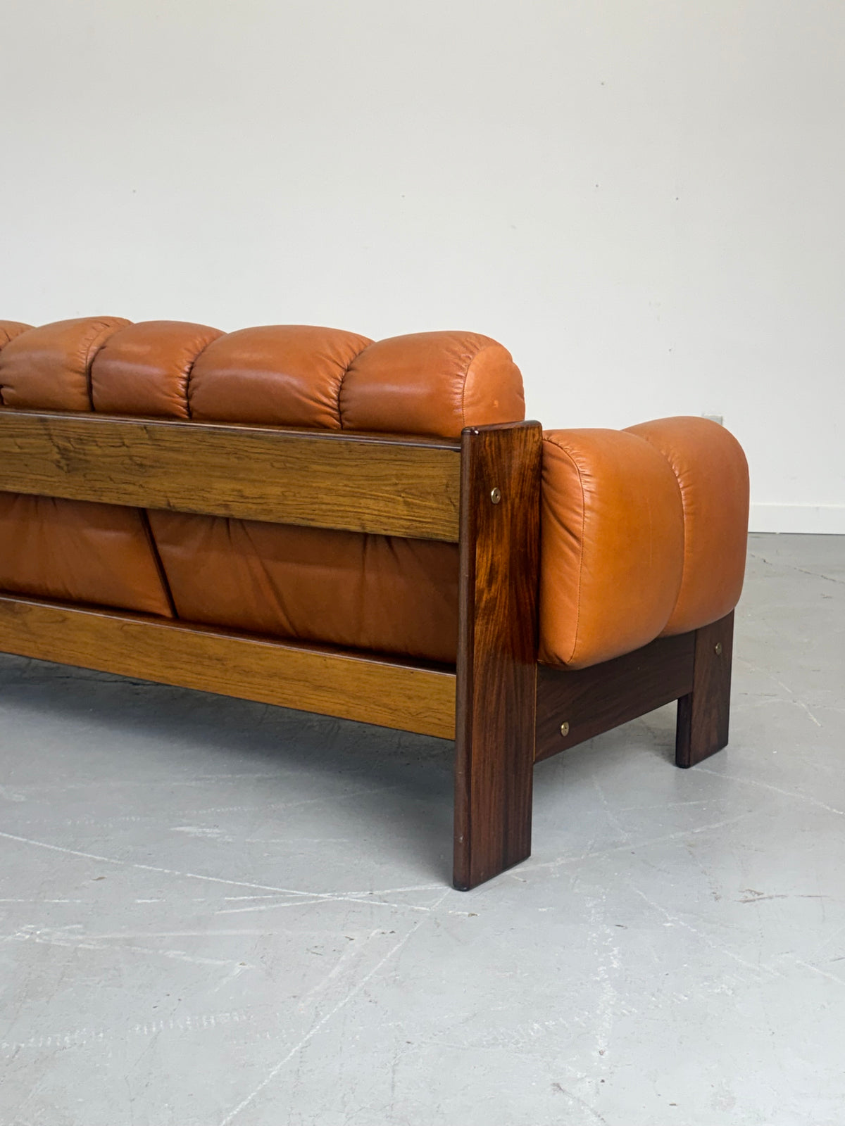 1970s Finnish Cognac Leather and Rosewood Three-Seat Sofa by Kalustekiila